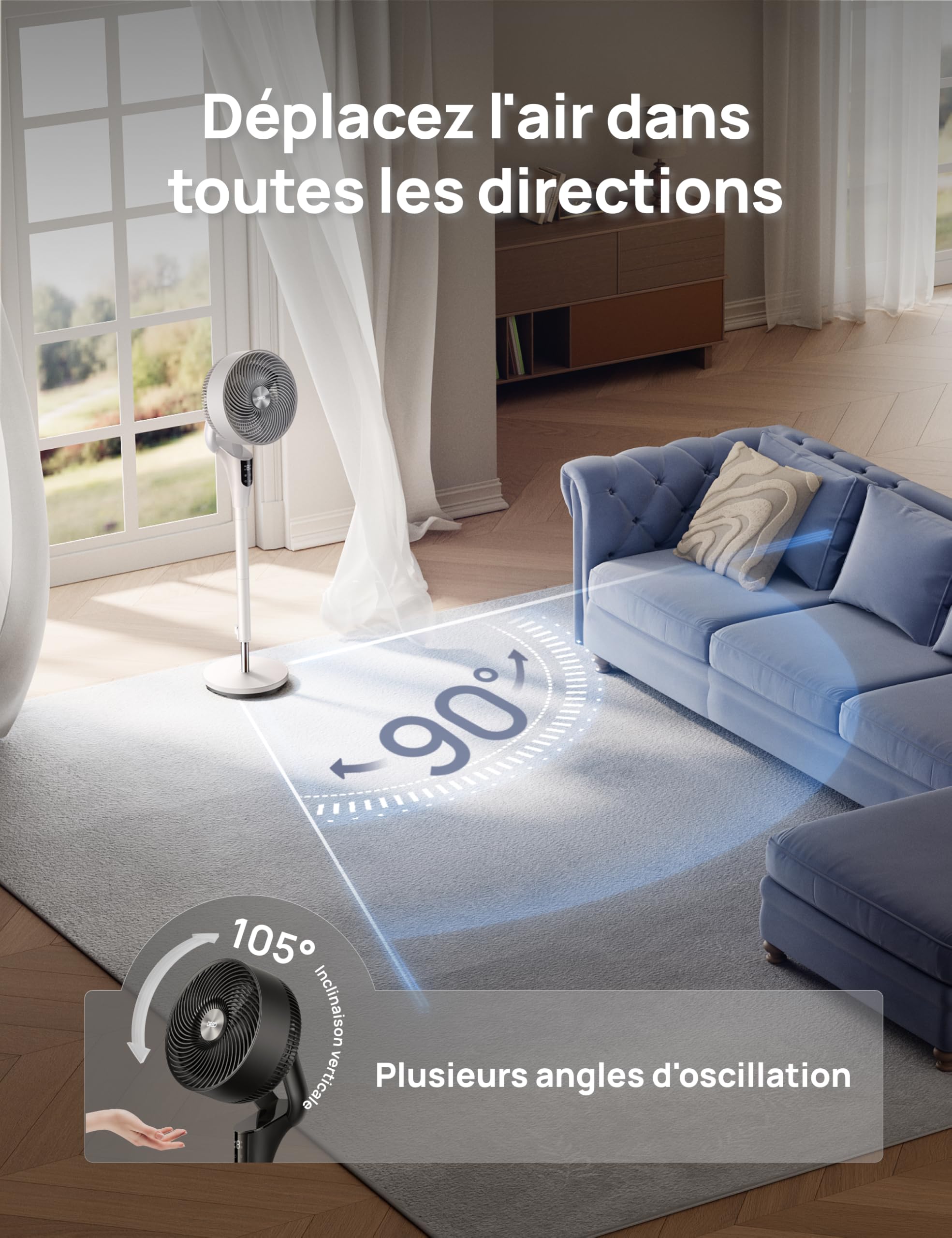 DREO Ventilateur sur Pied Silencieux pour Chambre [Amélioré], Flux d’Air 27m, 20dB, Oscillation 90°, Moteur DC, 8 Vitesses, 3 Modes, Hauteur 96–106 cm, Minuterie 8H, Inclinaison 105°