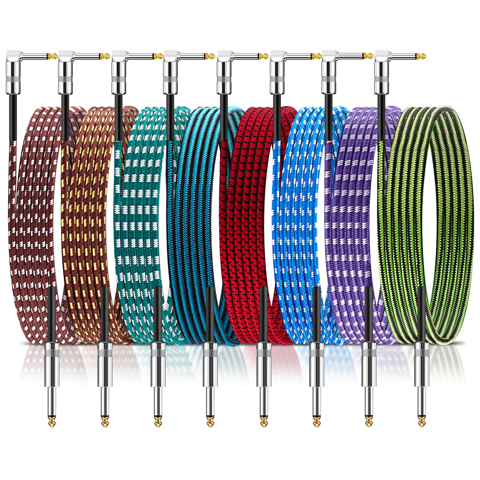Rigibright Paquete de 8 cables de instrumento de 10 pies, guitarra, bajo, teclado, micrófono y amplificador mezclador (8, serie multicolor B)