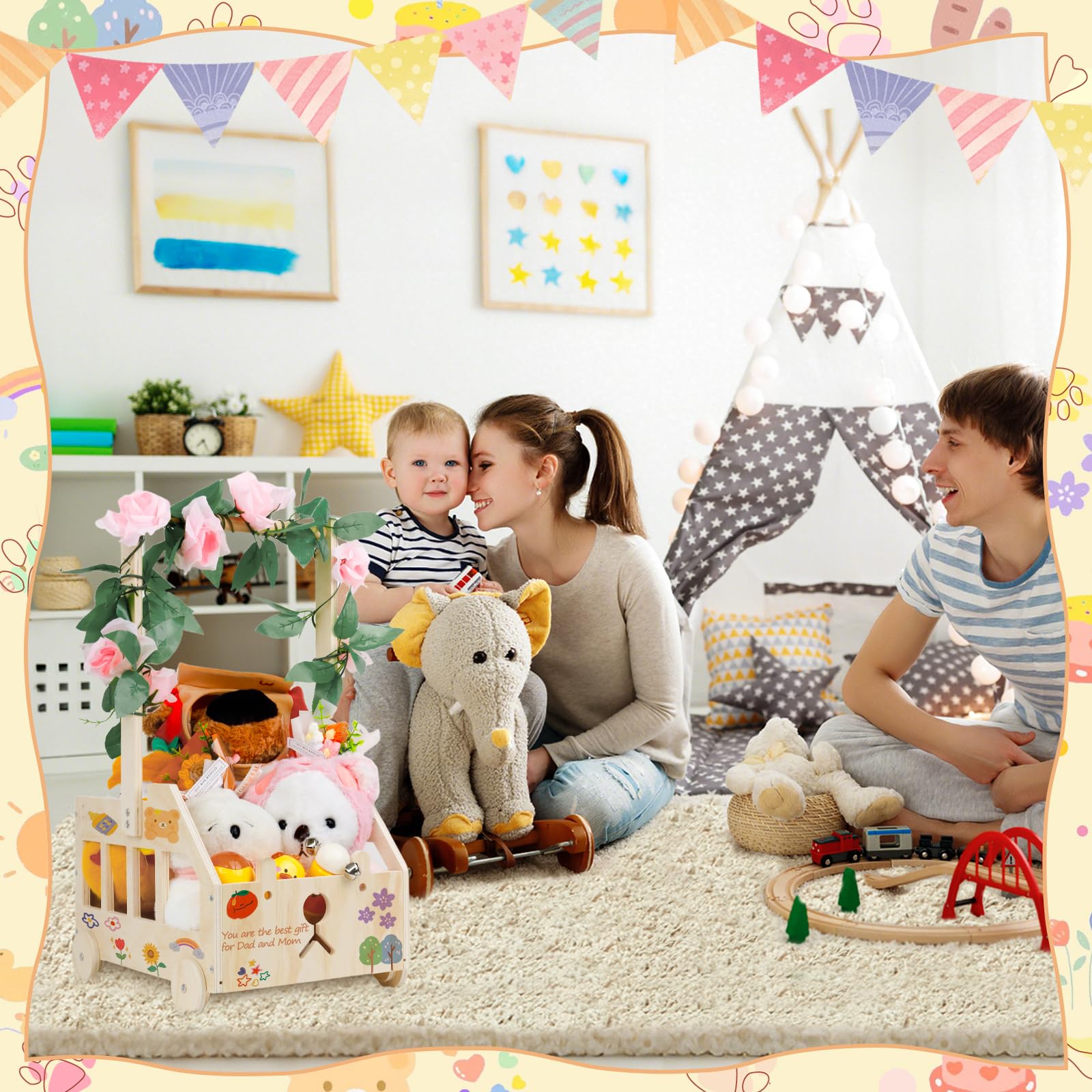 Wooden Baby Basket Cesto Baby Shower con Manico Cestino in Legno per Baby Shower con Ruote Cesta Giochi Bambini in Legno Cesto Portagiochi Bambini con Tag e Appendiabiti Cesto Nascita Bimba