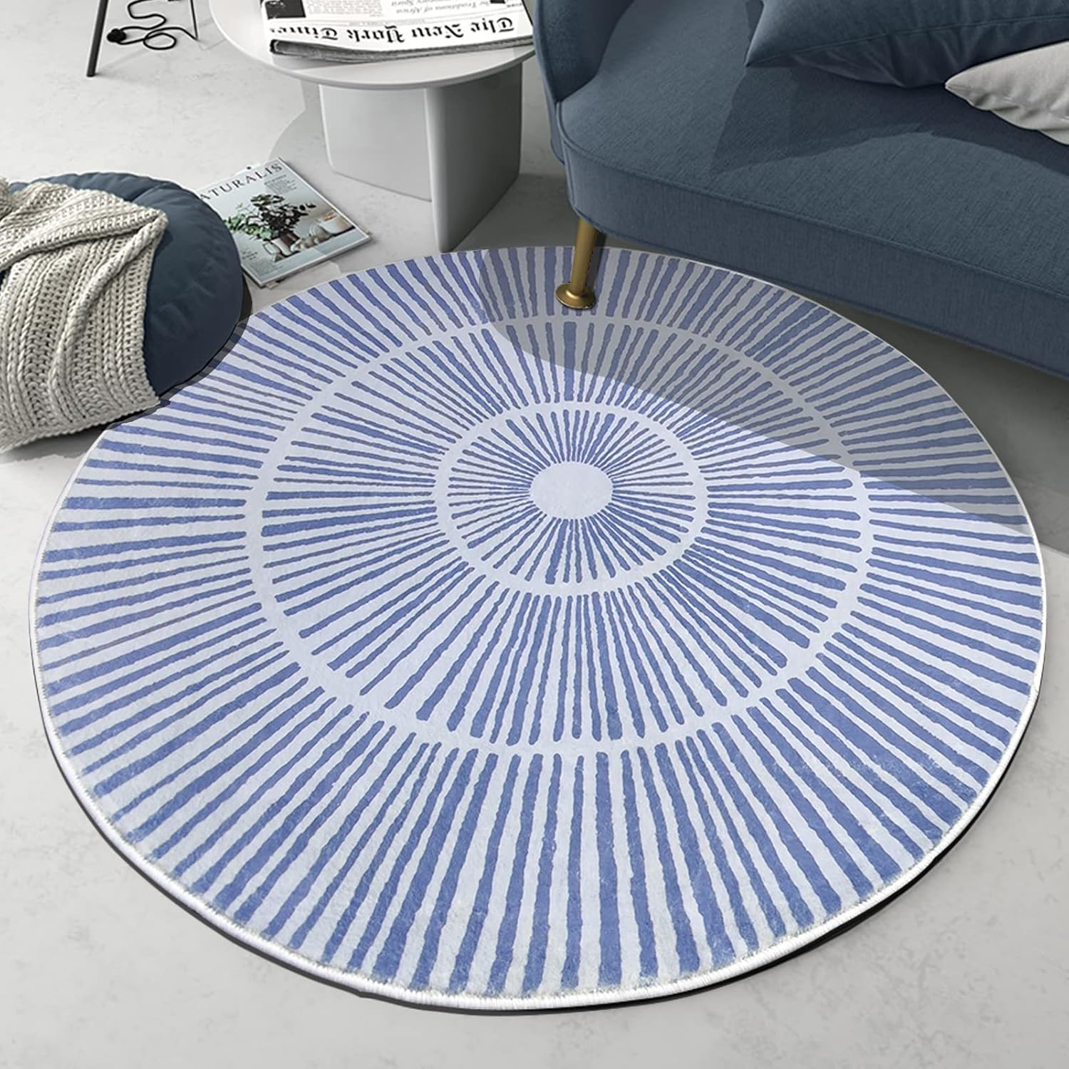 Modern Rug Chic Abstract Area Rug for Bedroom Round Contemporary Carpet 4Ft Circle Fluffy Living Room Floor Mat Soft Kids Washable Dining Room Kitchen Throw Rug, Blue