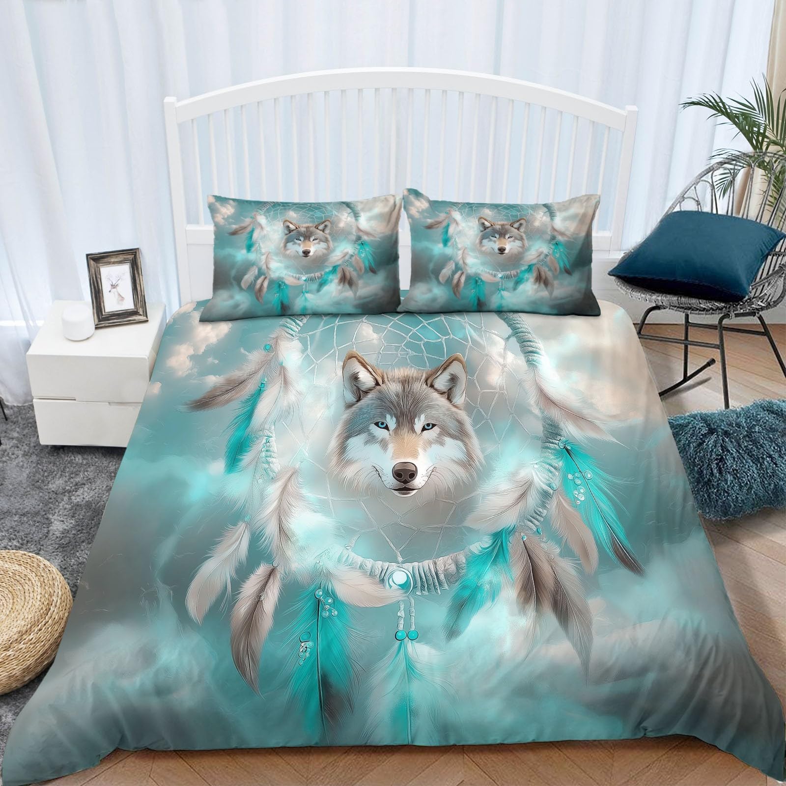 Easy Care Luxurious Bedding Single Duvet Cover, Brushed Microfibre Soft Quilt Covers Fantasy Dream Catcher Lightweight Printed Duvet Cover Gray Green With 2 Pillow Cases