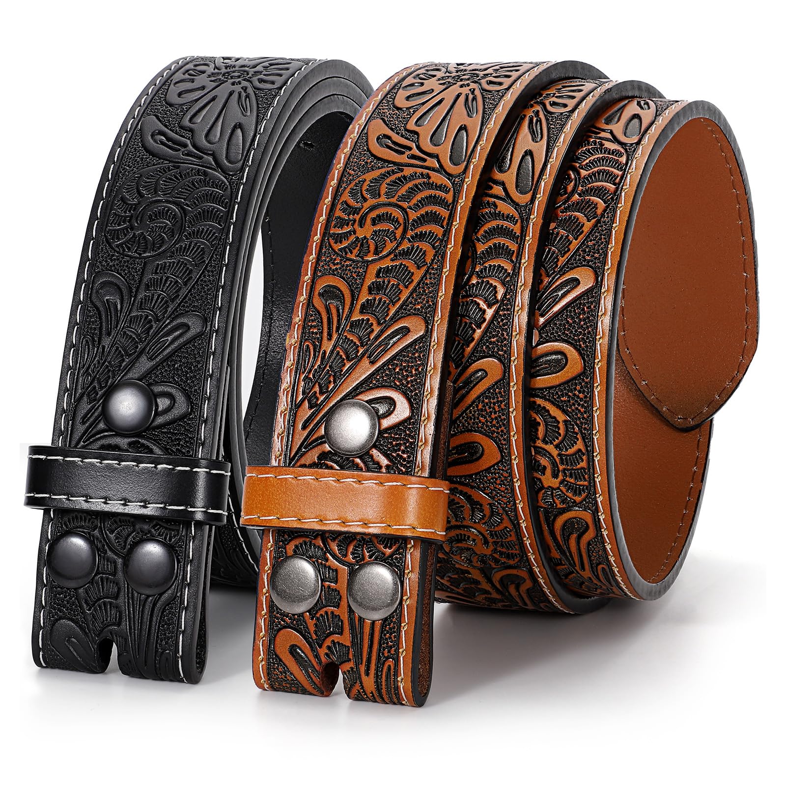 LALATCH Mens Western Cowboy Belt, 2 Pack Western Belts without Buckle for Men Woman Cowgirl Leather Jeans Belt, Brown+Black