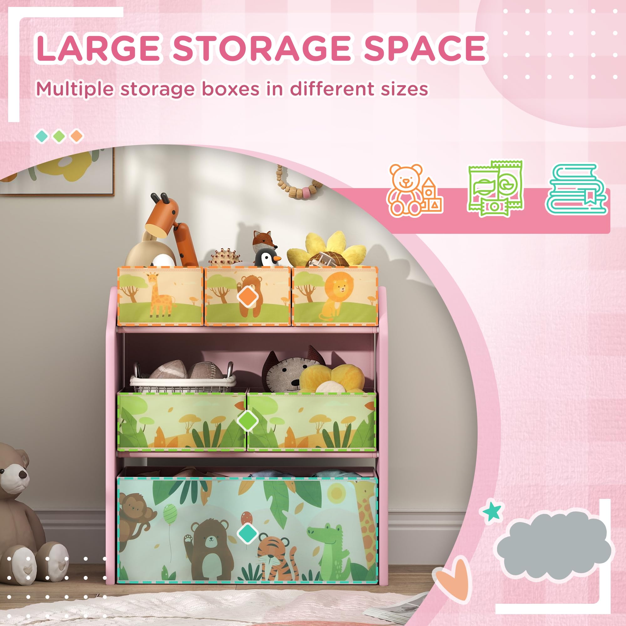 AIYAPLAY Unidad almacenaje 3 Niveles Estante Juguetes Sala Juegos Rosa | 6 cajas de almacenamiento extraíbles, dormitorio, cuarto infantil, cuarto infantil