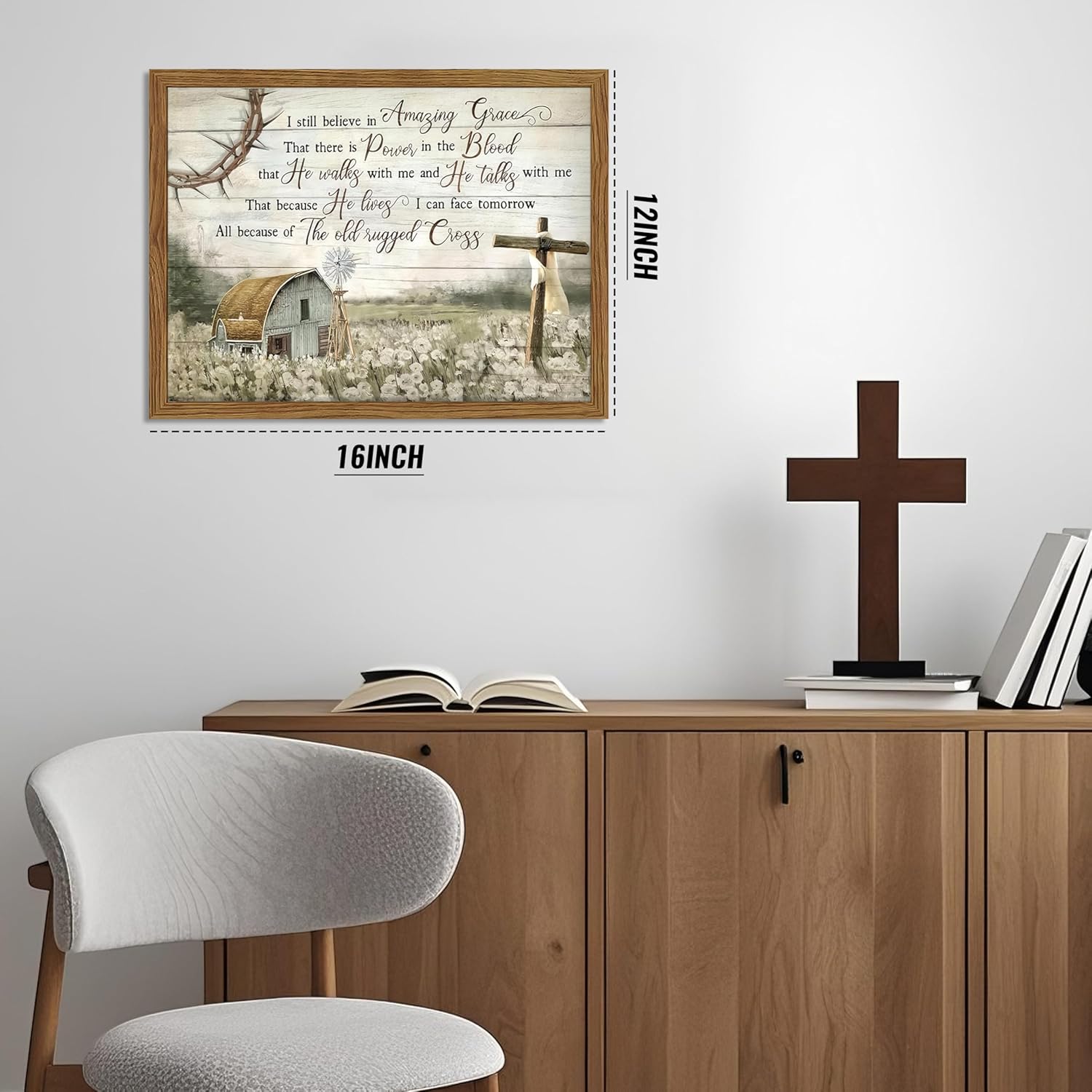 Dytila Cross Christian Wall Art, Barn Windmill Country Pictures Wall Decor, Bible Verses Paintings, Vintage Hymn Canvas Prints, Religious Artwork for Prayer Room Office Church Framed 12x16 inch