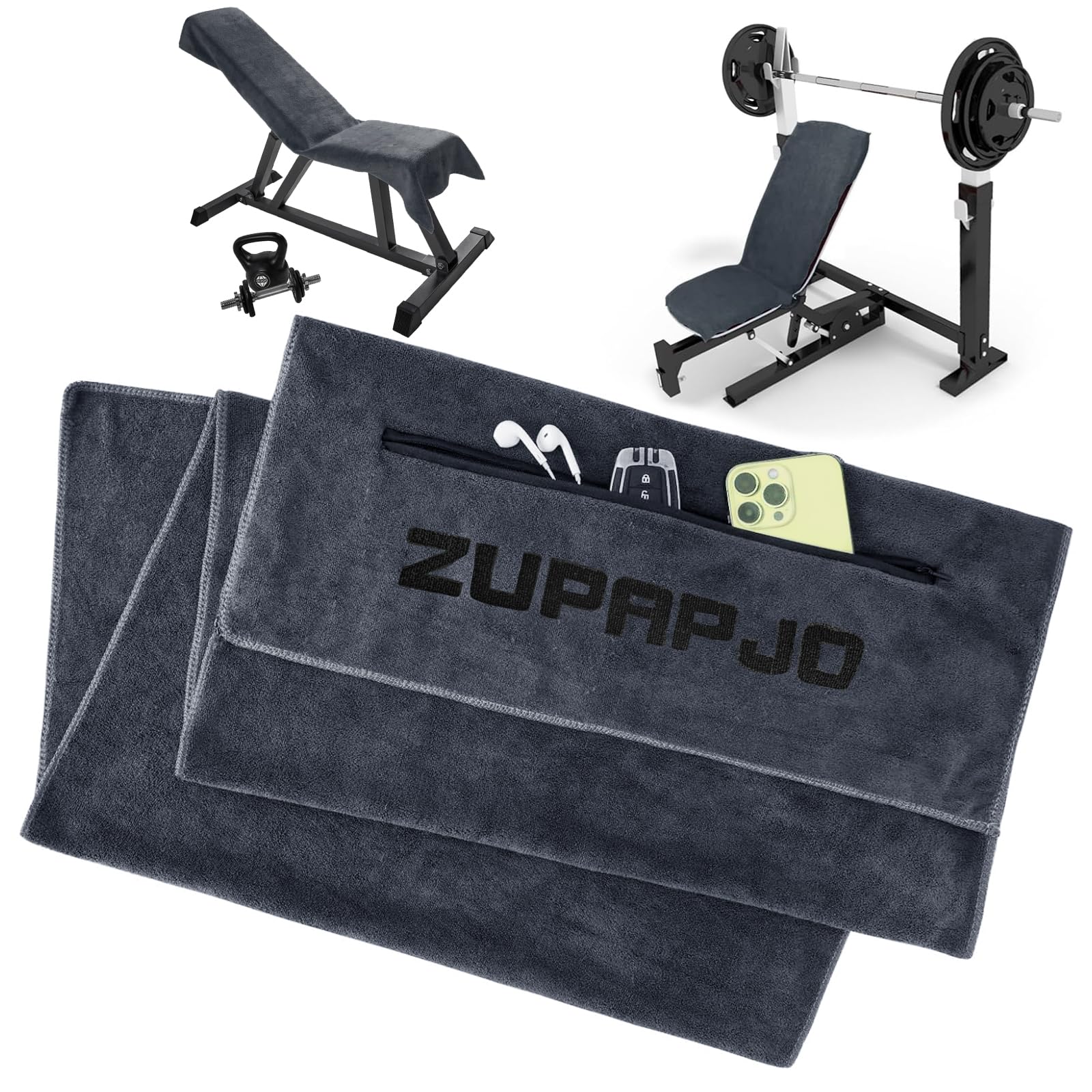 Serviette Sport 120 x 50 cm, Serviette de Sport avec Poche Zippée et Capuche, Microfibre, pour Salle, Yoga, Fitness, Extérieur et Entraînement, Grise