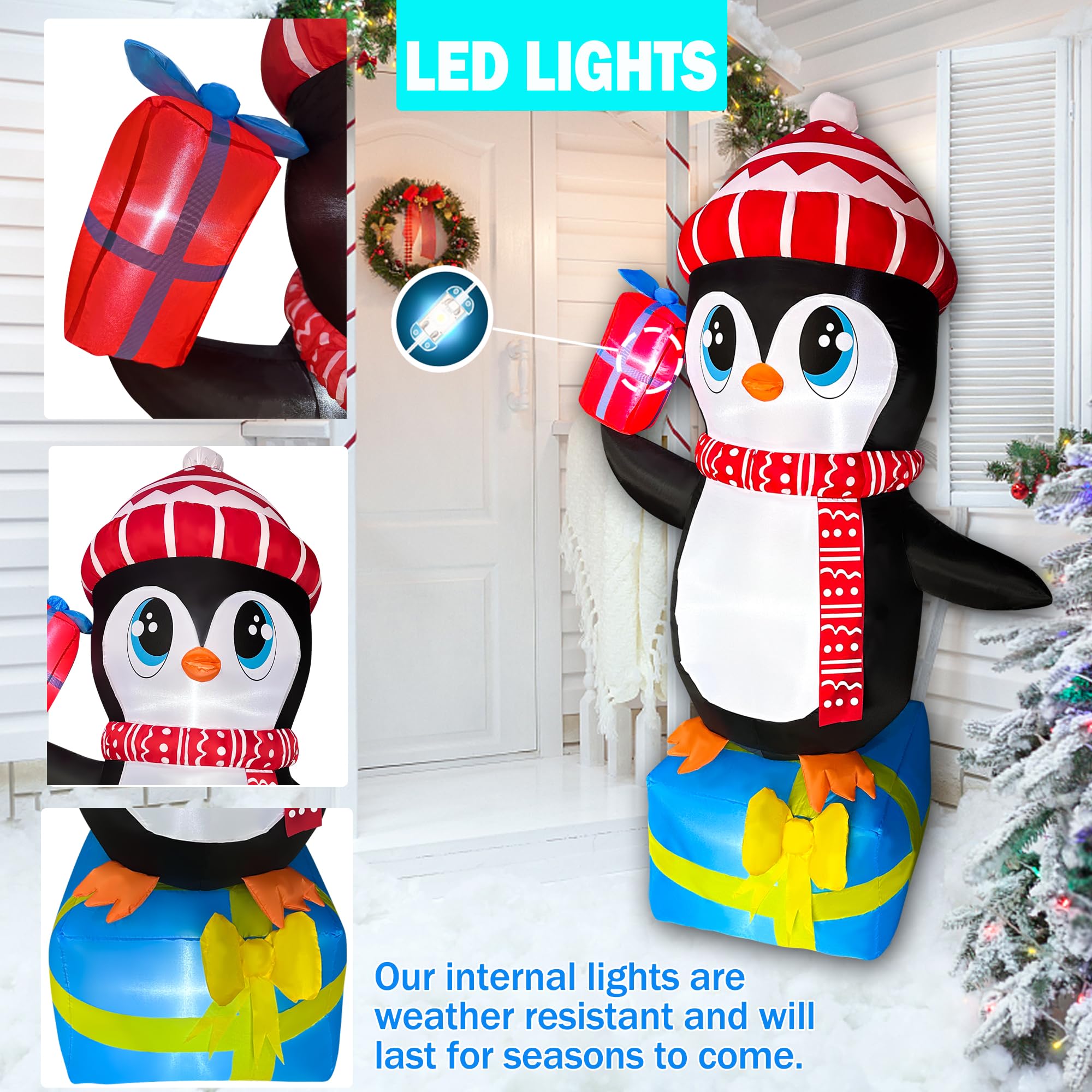 JOYEASE 1,5 m gonfiabili di Natale pinguino in piedi in confezione regalo decorazioni illuminate a LED di Natale Blow up per feste interni esterni giardino cortile decorazione