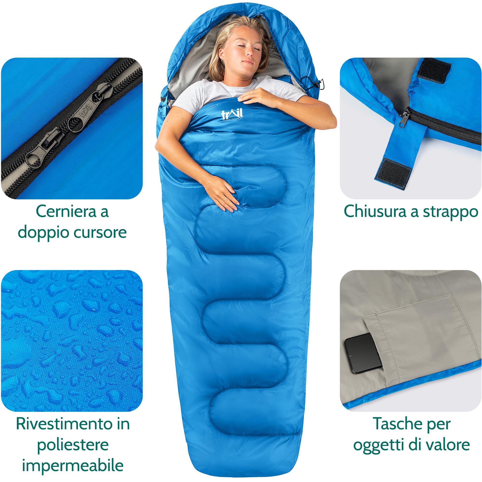 Trail Sacco a Pelo Adulti Stile Mummia, Sacco a Pelo Compatto 3 Stagioni Sacco a Pelo Invernale, Primaverile e Autunnale 300gsm Sacco a Pelo Leggero con Tasche Interne e Borsa a Compressione