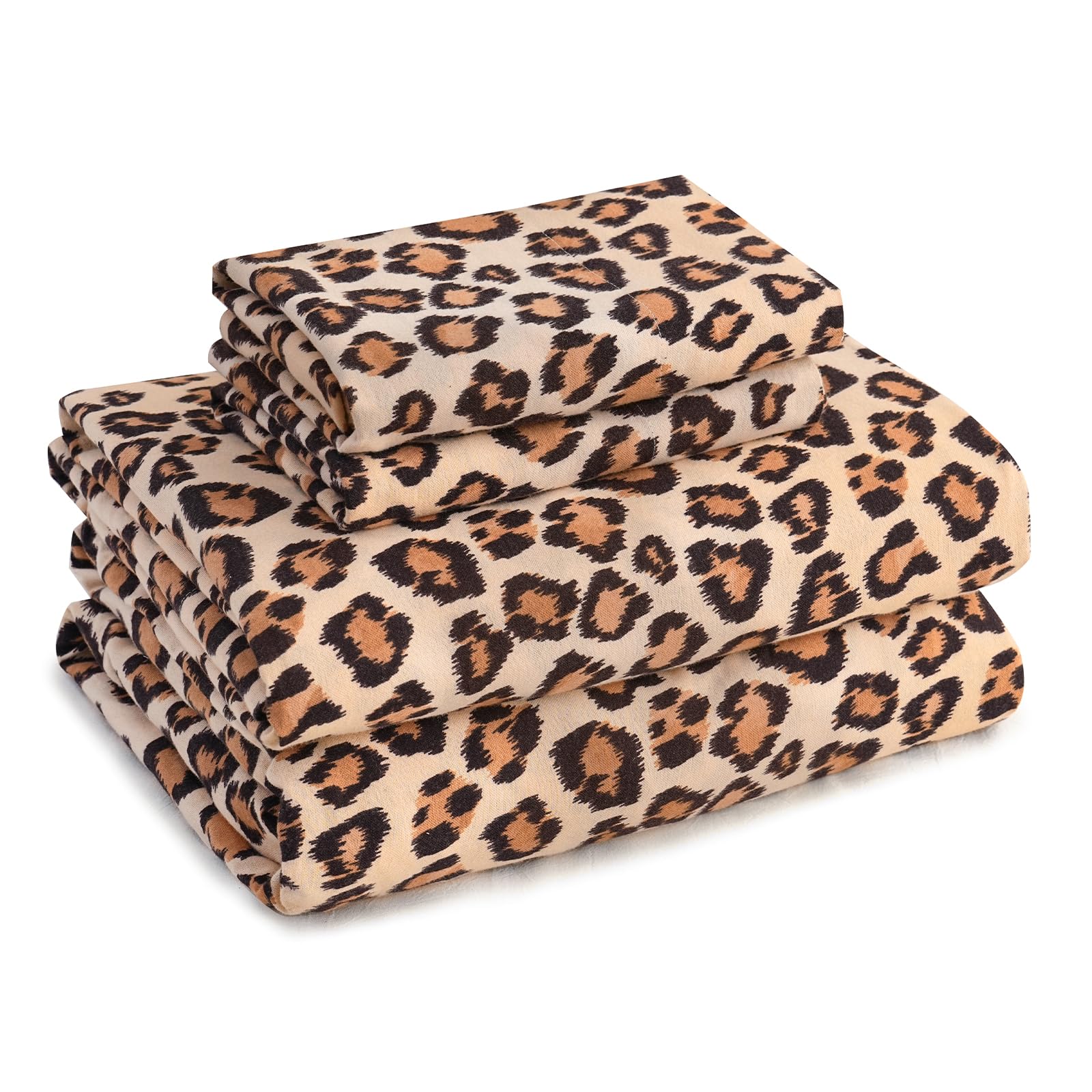 LONAVA 100% Cotton Flannel Sheet Set in Brown Leopard print