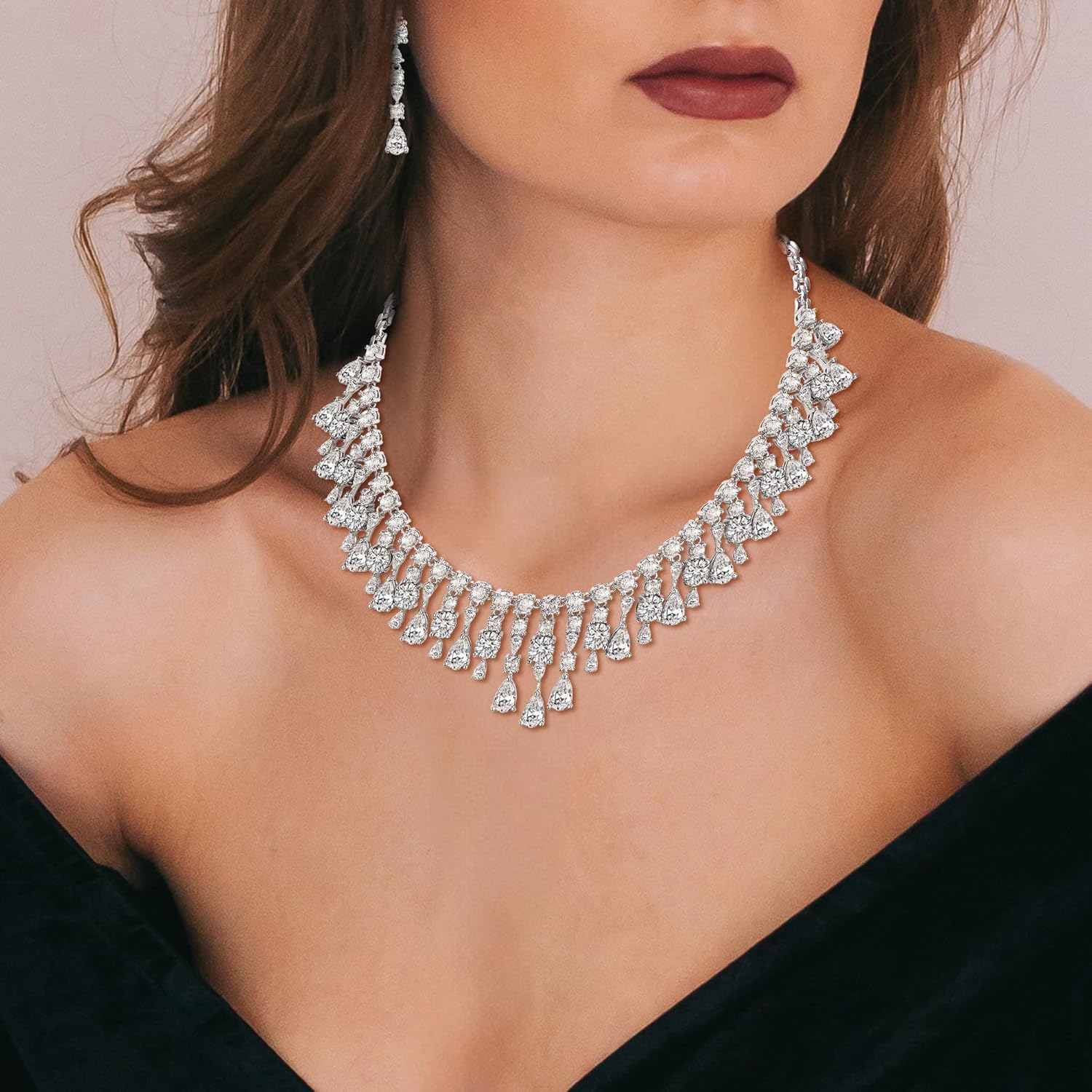 Crysdue Cubic Zirconia Prom Jewelry Set for Women Brides, Sparkle Birthstone Cluster Collar Statement Necklace Teardrop Dangle Earrings for Wedding Party - Image 3