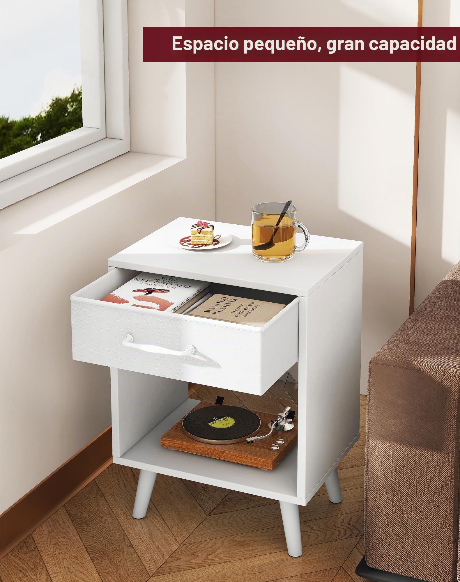 YMYNY Set de 2 Mesitas de Noche, Mesa Auxiliar de Salón, Cajón de Tela con Asa, Ripiano Abierto, Patas de Madera Maciza, Estilo Industrial Rétro, 39x29.5x59.5 cm, para Dormitorio, Blanco HST020W-2