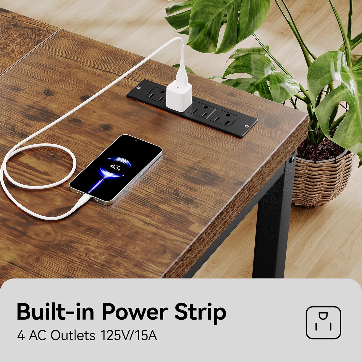 Computer Desk with Power Outlets, 63 Inch Large Home Office Desk with Deeper & Thicker Desktop Modern Gaming Desk Study Writing Work Desk, Metal Frame, Rustic Brown