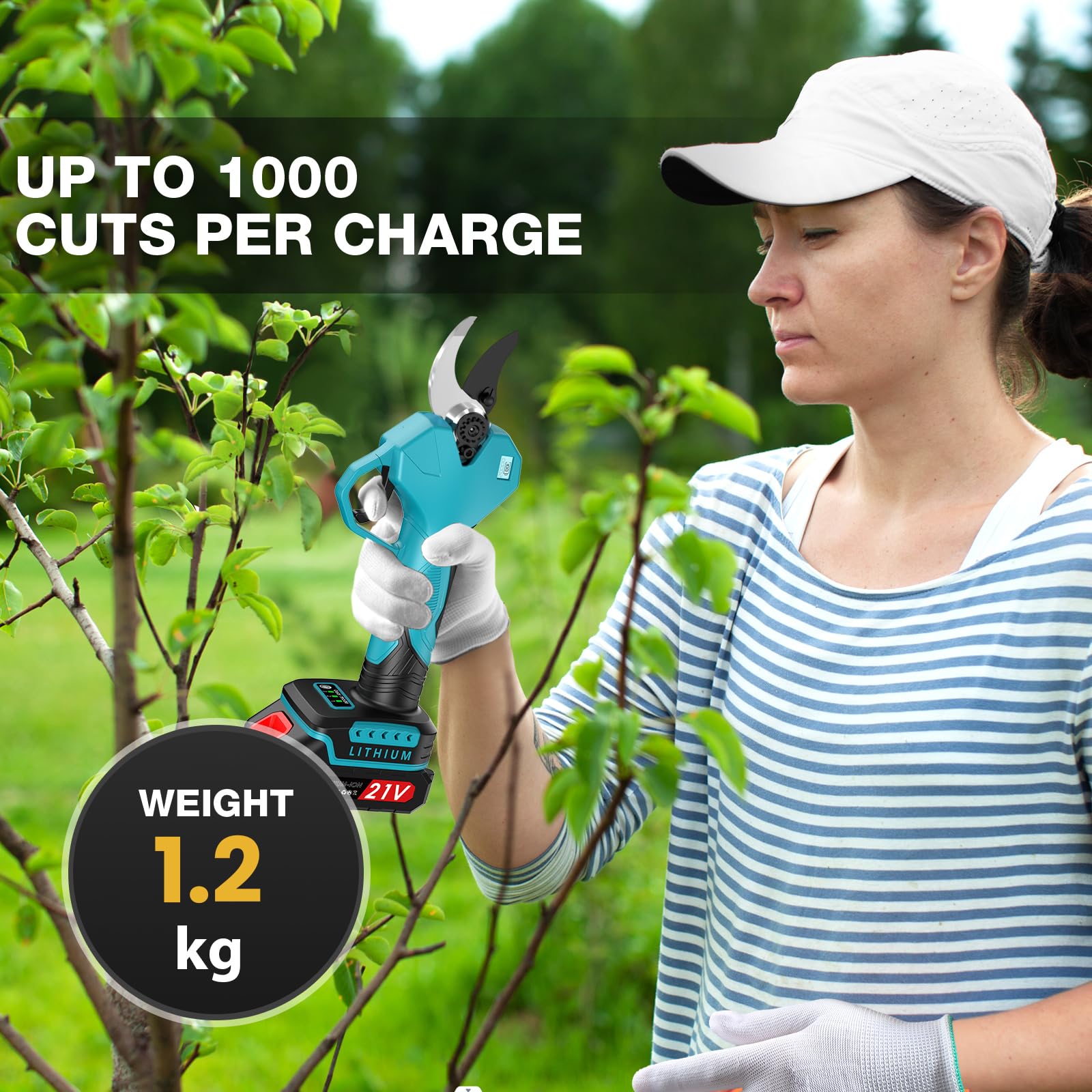 Tijeras de Podar Electricas, Con Mástil Telescópico de 200cm, Apertura de 50mm, 2 * 2000mAh Batería Tamaños de Apertura con Monitor Tijeras de Podar con 1000W Motor Brushless para Jardinería,Frutales