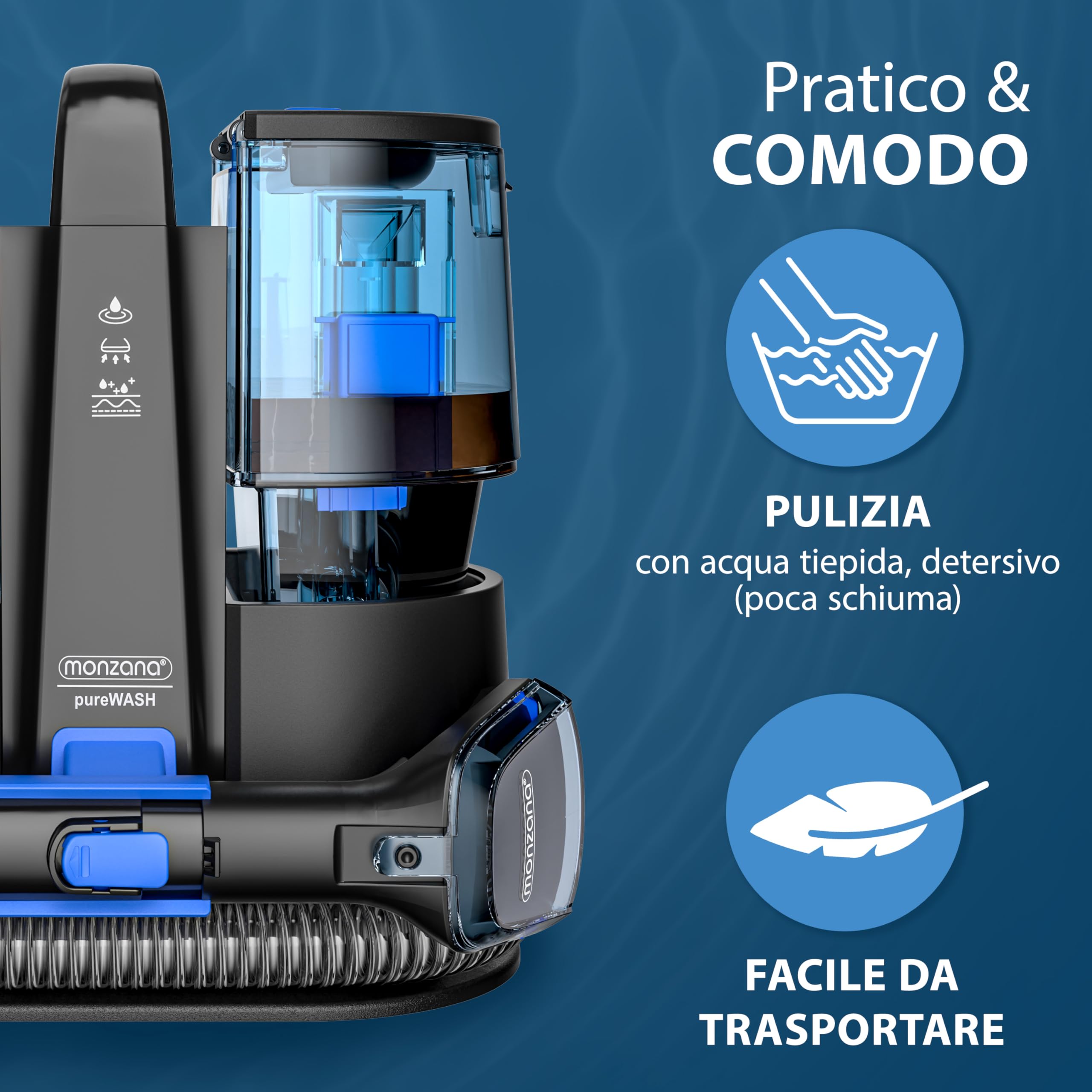 MONZANA Lavatappeti Aspirapolvere Tappeto Lava Divano Moquette Auto con Doppio Serbatoio Aspira Liquidi Pulisci Tappezzeria Tubo da 1,2 m Raggio d´Azione 5,5 m