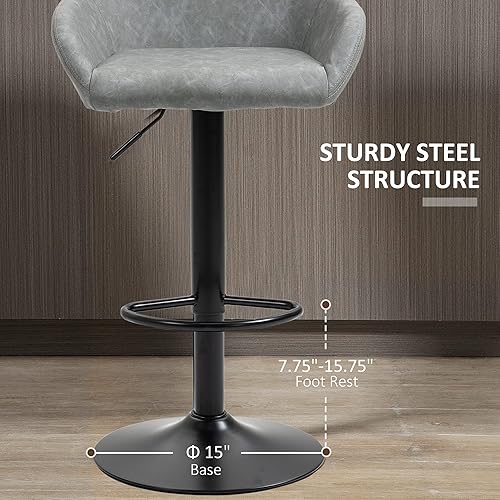 Miniatura 17 de HOMCOM Taburetes de bar ajustables, taburetes de bar giratorios con reposapiés y respaldo, piel sintética y base redonda de acero, para encimera de