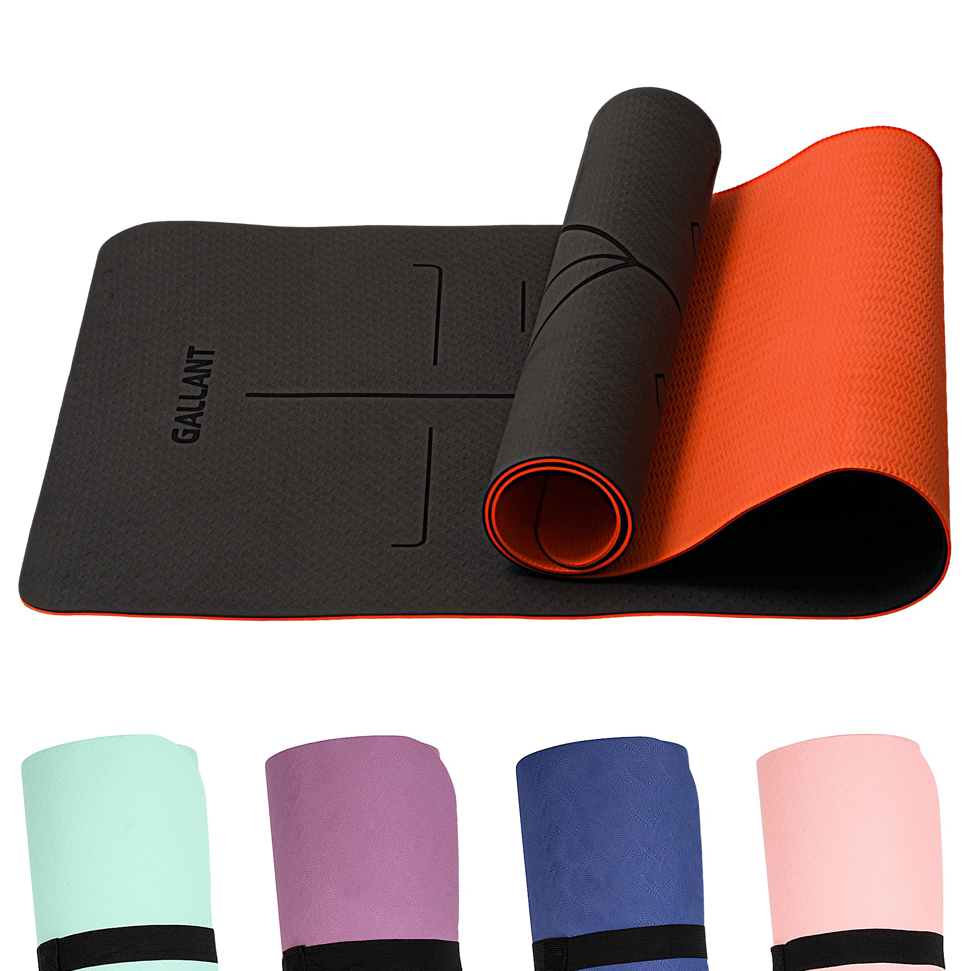 Gallant Yoga Mat Non Slip – Premium TPE Exercise Mat Thick & Pilates Mat 6mm Extra Yoga Mats for Women & Men with Alignment Lines and Carry Strap, Eco Friendly Gym Mat for Home Workout(Black Orange)