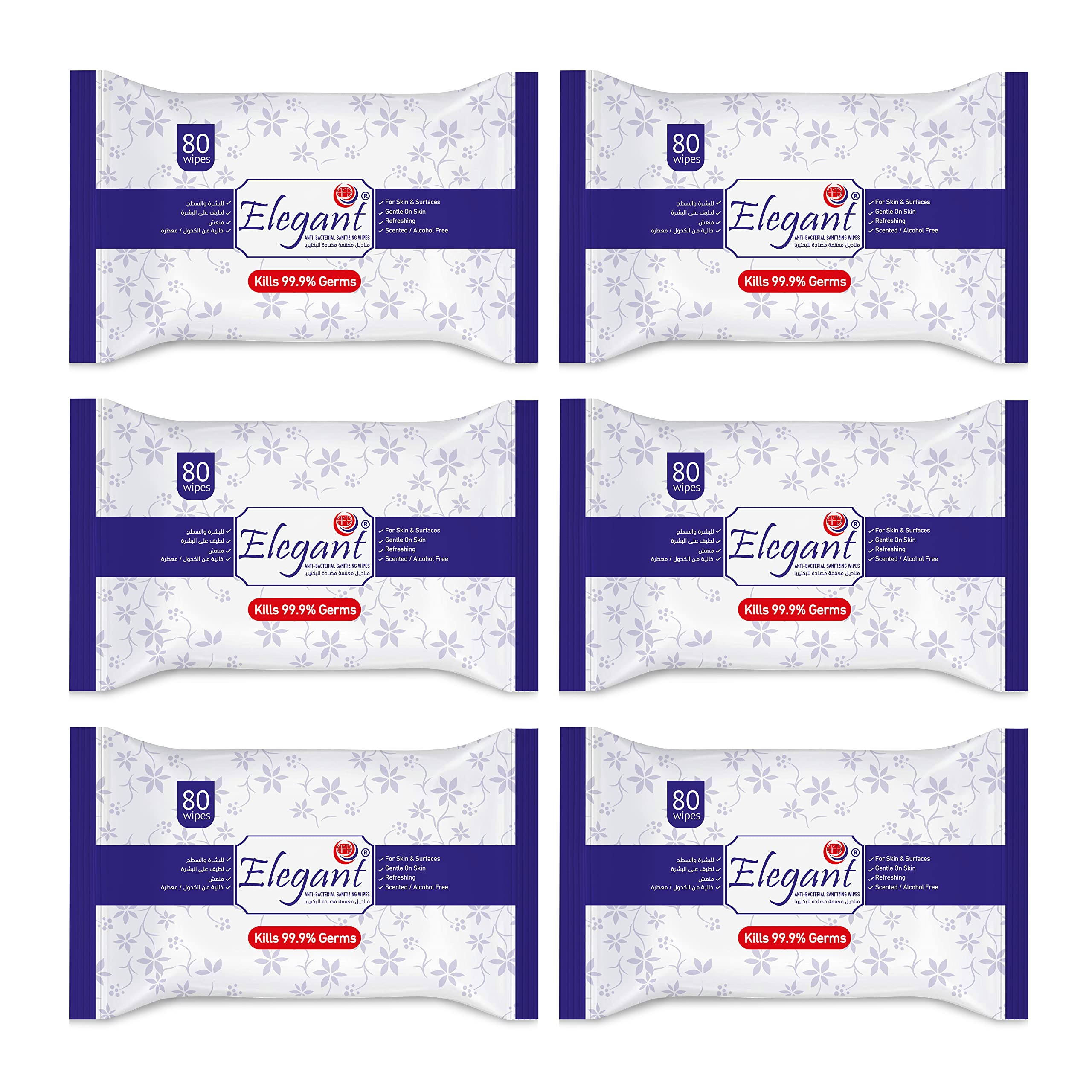 SET OF 6 | Elegant Anti-Bacterial Sanitizing Wipes – 80 Wipes (Pack of 80 X 6 Packets) – Scented, Alcohol-Free Wipes | Gentle & Refreshing Wherever You Need, 80 Wipes in 1 Packet (6 Packets in Total)
