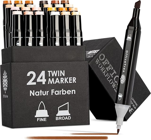 OfficeTree 24 Alcohol Marker Pens Set - 24 Colors - Alcohol Markers - Skin Colours - Twin Marker for Sketching, Coloring, Highliting, Drawing and Painting - Alcohol Based Pens Skin Colour