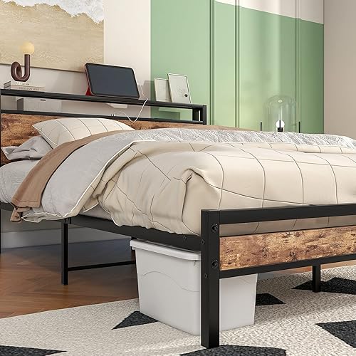 Miniatura 36 de Base de cama de tamaño matrimonial con cabecera de almacenamiento/estación de carga USB, marco de cama de plataforma de metal, tamaño matrimonial,