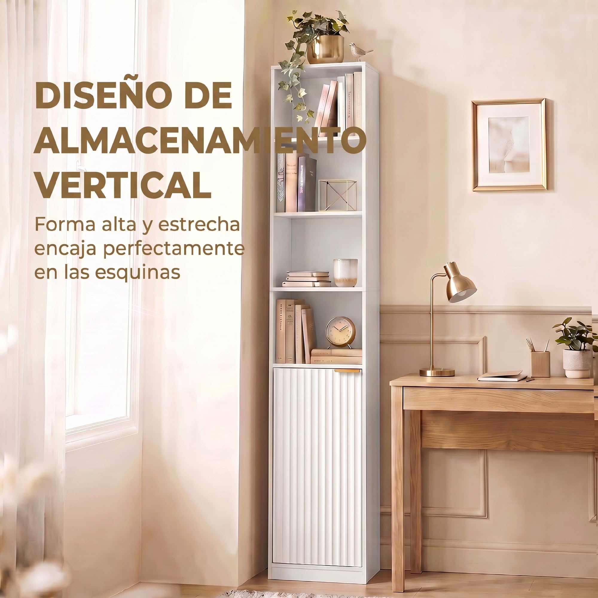HOMCOM Estantería para Libros de 6 Niveles 30x24x182 cm Blanco | Librería Alta y Estrecha, 4 Estantes Abiertos, Puerta, Estante Ajustable, Salón, Estudio, Oficina