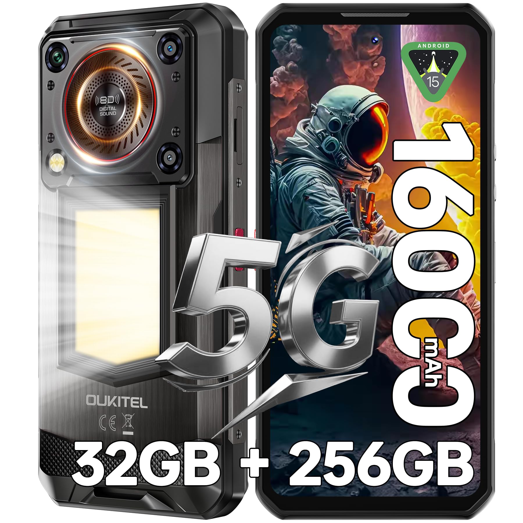 OUKITEL WP56 5G Rugged Phone Unlocked-16000mAh/45W Battery, 32GB+256GB/TF 2TB, 6.8" FHD+Display Cell Phone, 108MP Camera, 1000LM Camping Light, 128dB