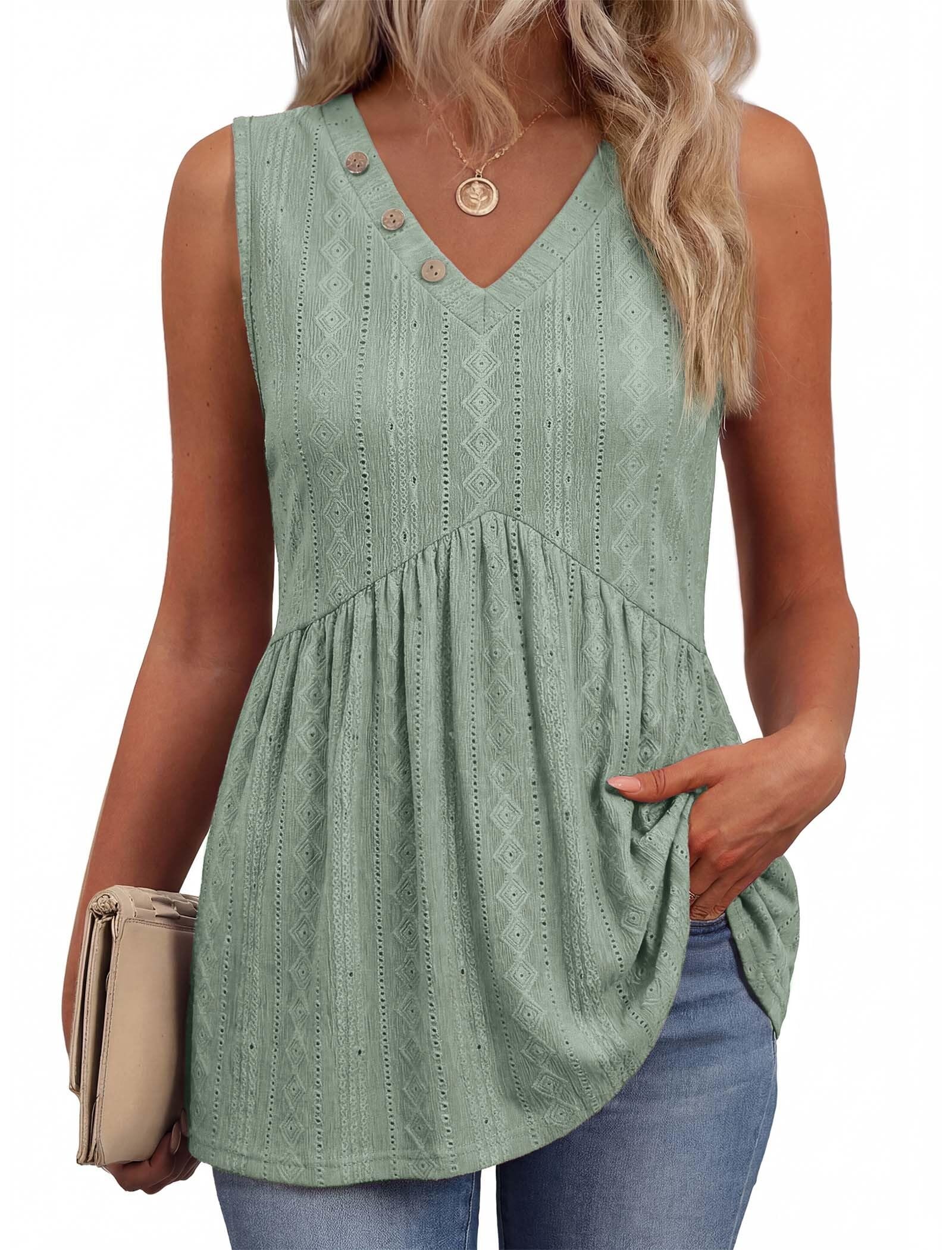 Photo 1 of [MINOR DAMAGE] Tank Tops for Women Resort Wear V Neck Sleeve Shirts Cute Babydoll Tank Top Summer Outfits Beach Vacation Clothes Boho Top Spring Fashion Clothing Womens Tops Dressy Casual Green L