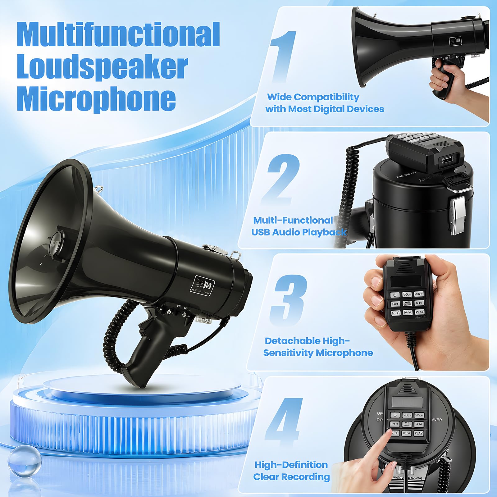Megáfono portátil de 100 W con micrófono extraíble, Bluetooth, grabación USB, batería de 4800 mAh, alcance de 2000 m, 3 fuentes de alimentación, correa para el hombro para eventos, mercado, avisos de