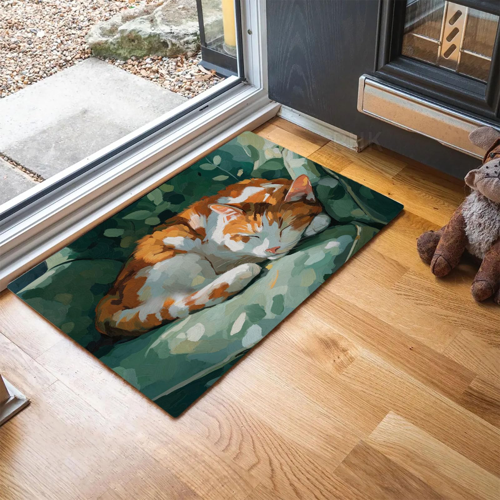 Tapis chat campagne paillasson peinture à l'huile animalière vert forêt 60x90cm