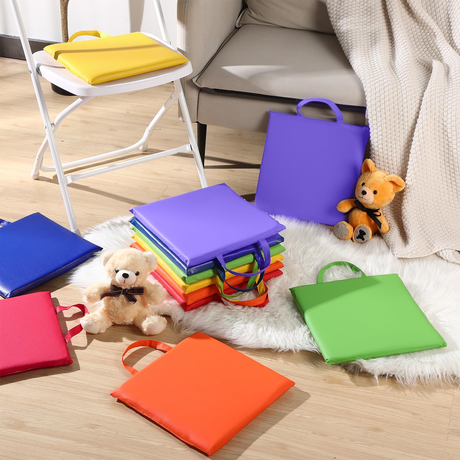 Cuscini quadrati da pavimento per bambini in classe 30 * 30 cm Sedute flessibili da pavimento Elementari con maniglie Cuscini da pavimento per adulti e bambini piccoli Asilo nido(Bright Color)
