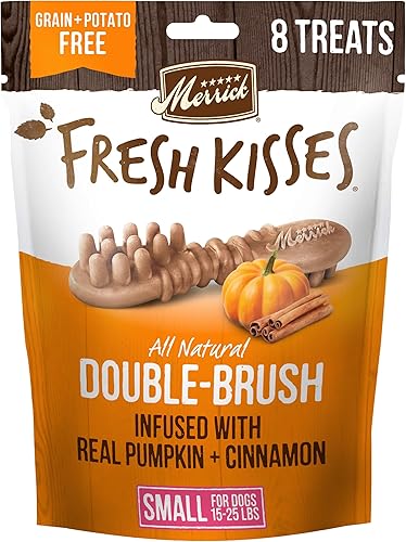 Merrick Fresh Kisses, masticables dentales para perros, golosinas naturales de calabaza y canela para perros pequeños, 15-25 libras, bolsa de 4.8