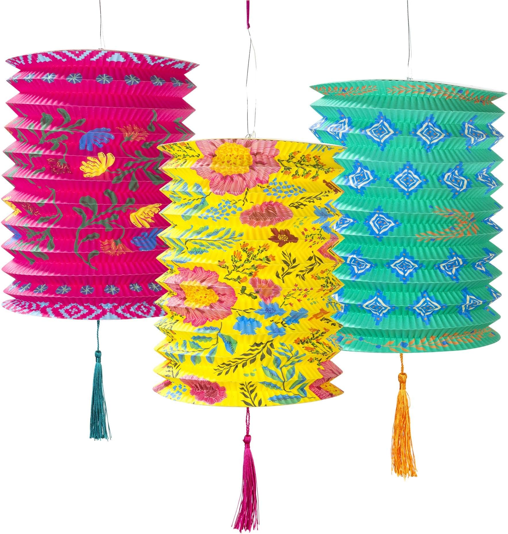 Talking Tables 3 x Boho Chinese Paper Lanterns with Tassels | Pink, Yellow & Blue Hanging Decorations for Birthday, Garden Party & Mexican Fiesta