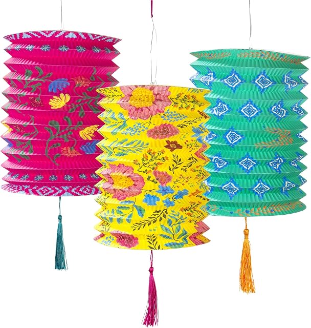 Talking Tables PAPERLANTERN Pack of 3 Chinese Tassels | Pink, Yellow & Blue Hanging Decorations for Birthday, Mexican Fiesta, Garden Parties, Encanto Theme, Boho Paper Lanterns 3PK