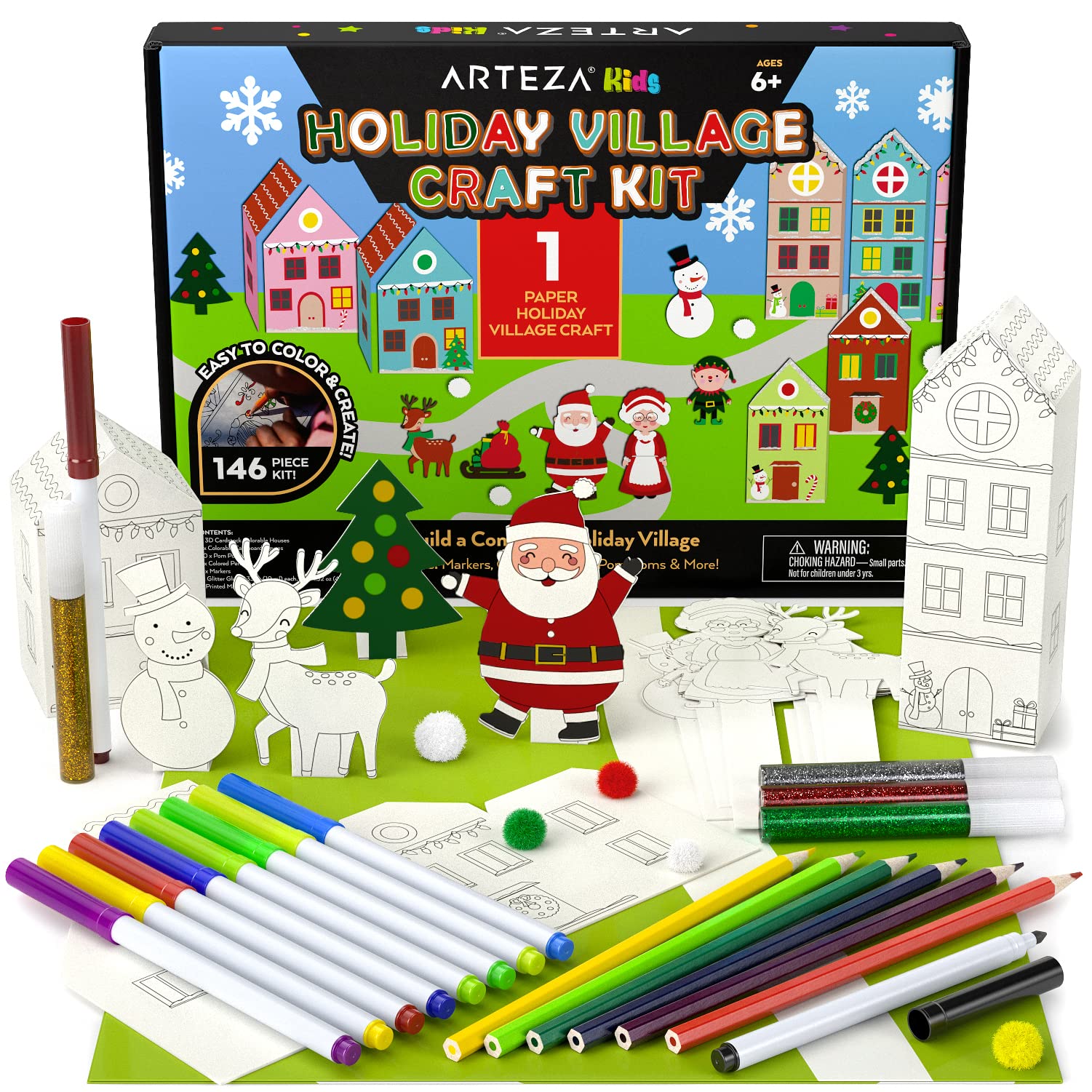 Amazon.com: Arteza Kids Christmas Village Kit, 3D Holiday Kit Includes 20  Colorable Cut Out Cardboard Crafts, Glitter Glue, Pom Poms, Markers, Craft  Supplies For Family Activities, Winter And Holiday Parties : Toys