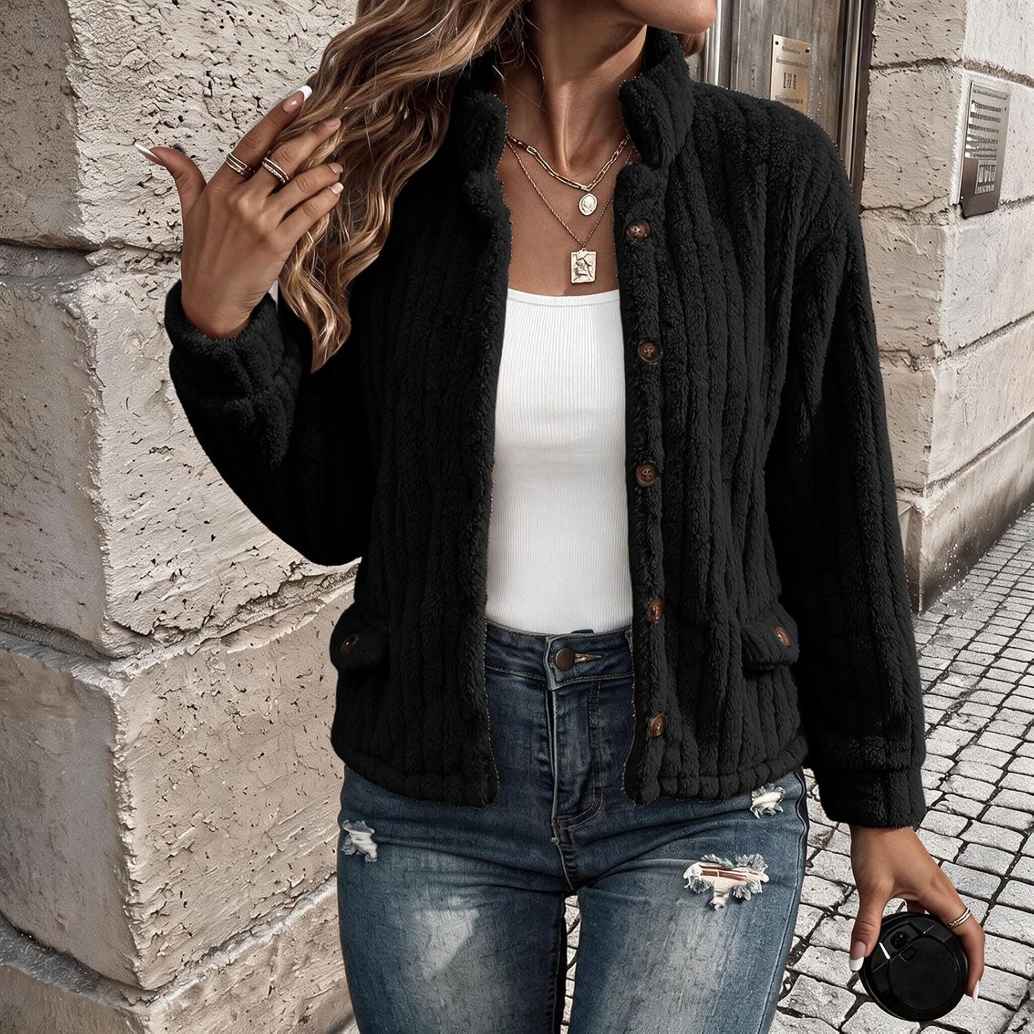 Women's Casual Fleece Jacket Button Front Long Sleeves Short Coat