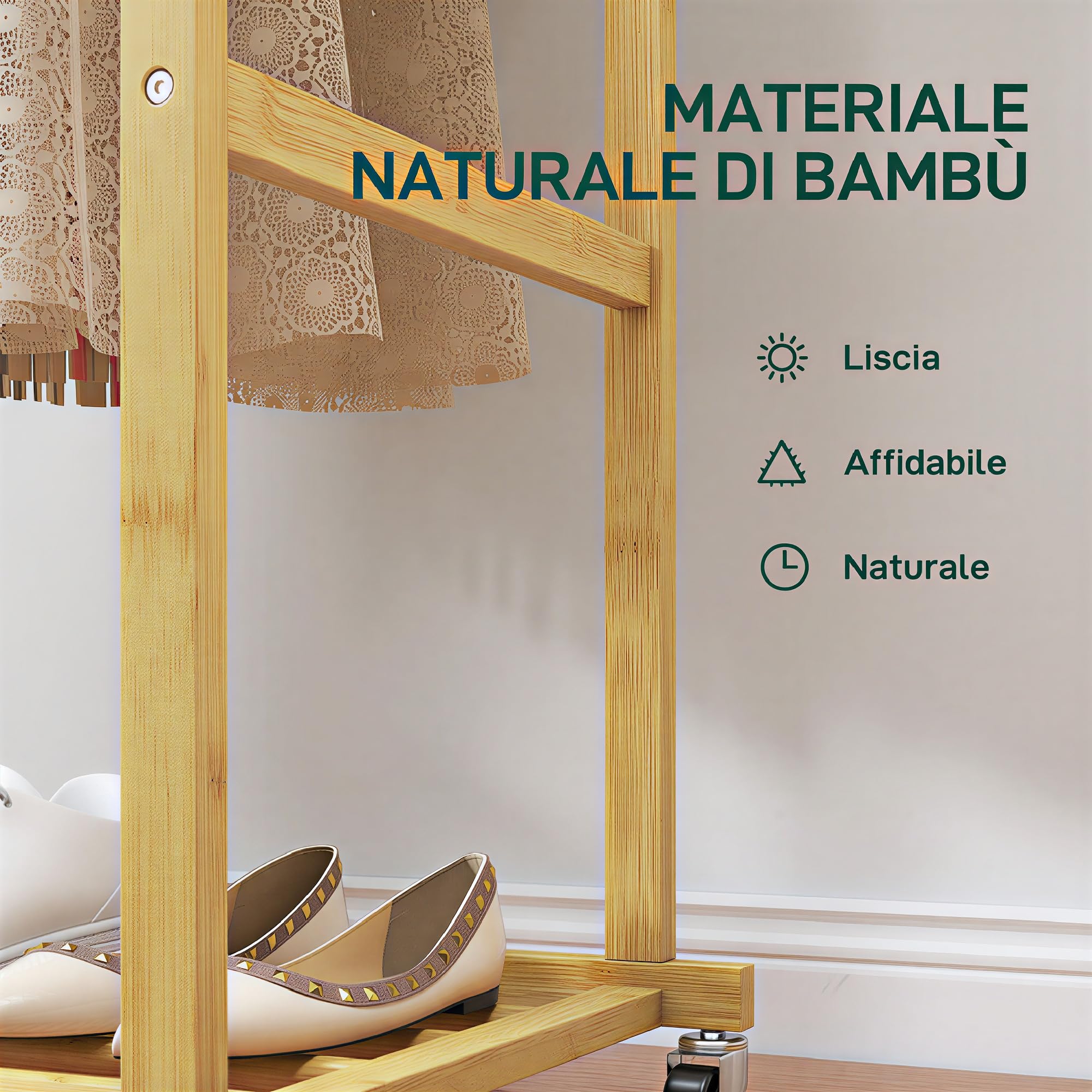 HOMCOM Stand Appendiabiti da Terra con 2 Barre e 4 Ruote Attaccapanni Salvaspazio con Ripiano Inferiore in Bambù per Camera da Letto Soggiorno 80x40x160 cm Legno Naturale
