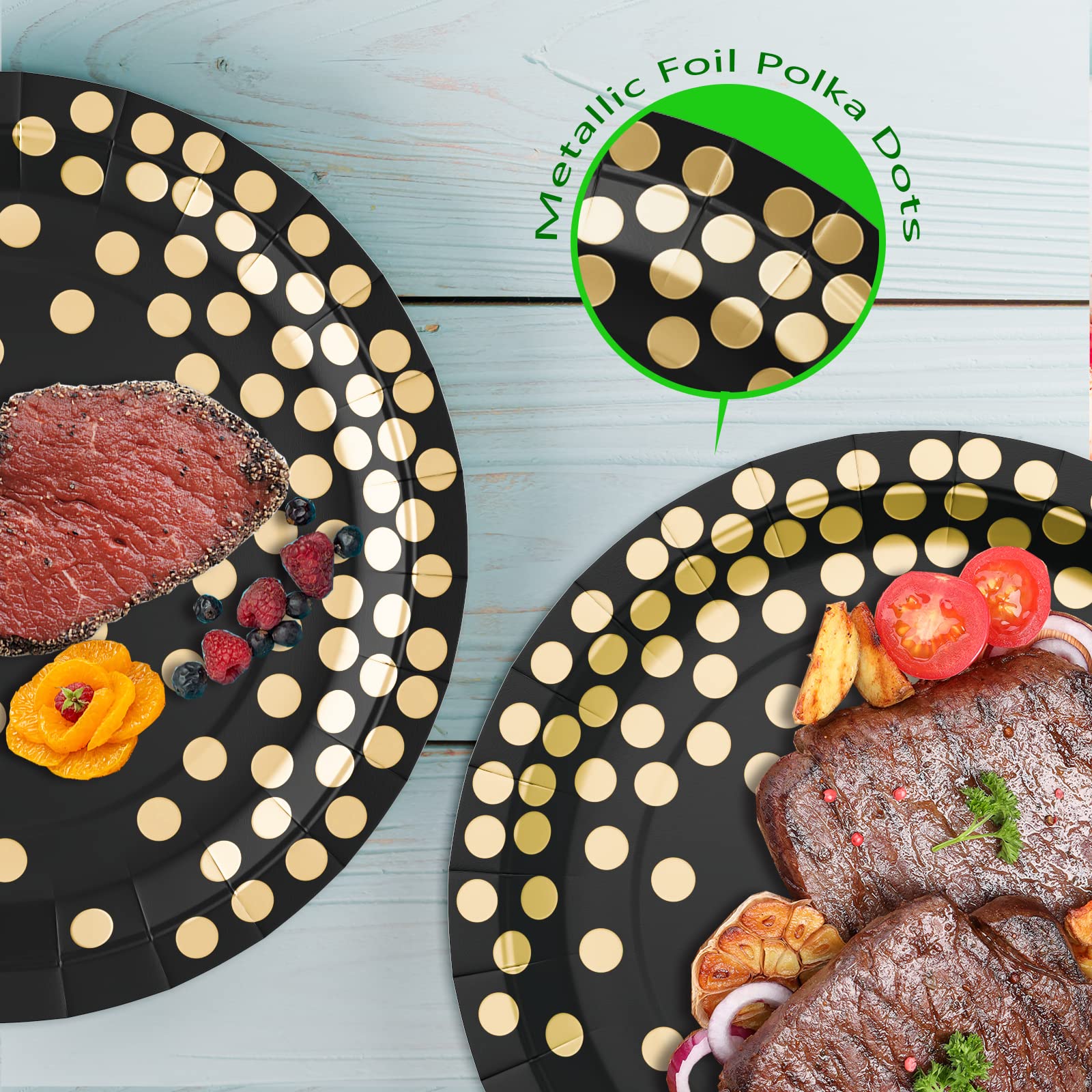DYLIVeS Plato de papel, 80 unidades de lunares negros y dorados, platos desechables de 7 pulgadas, redondos, informales, para todas las estaciones, para fiestas y celebraciones