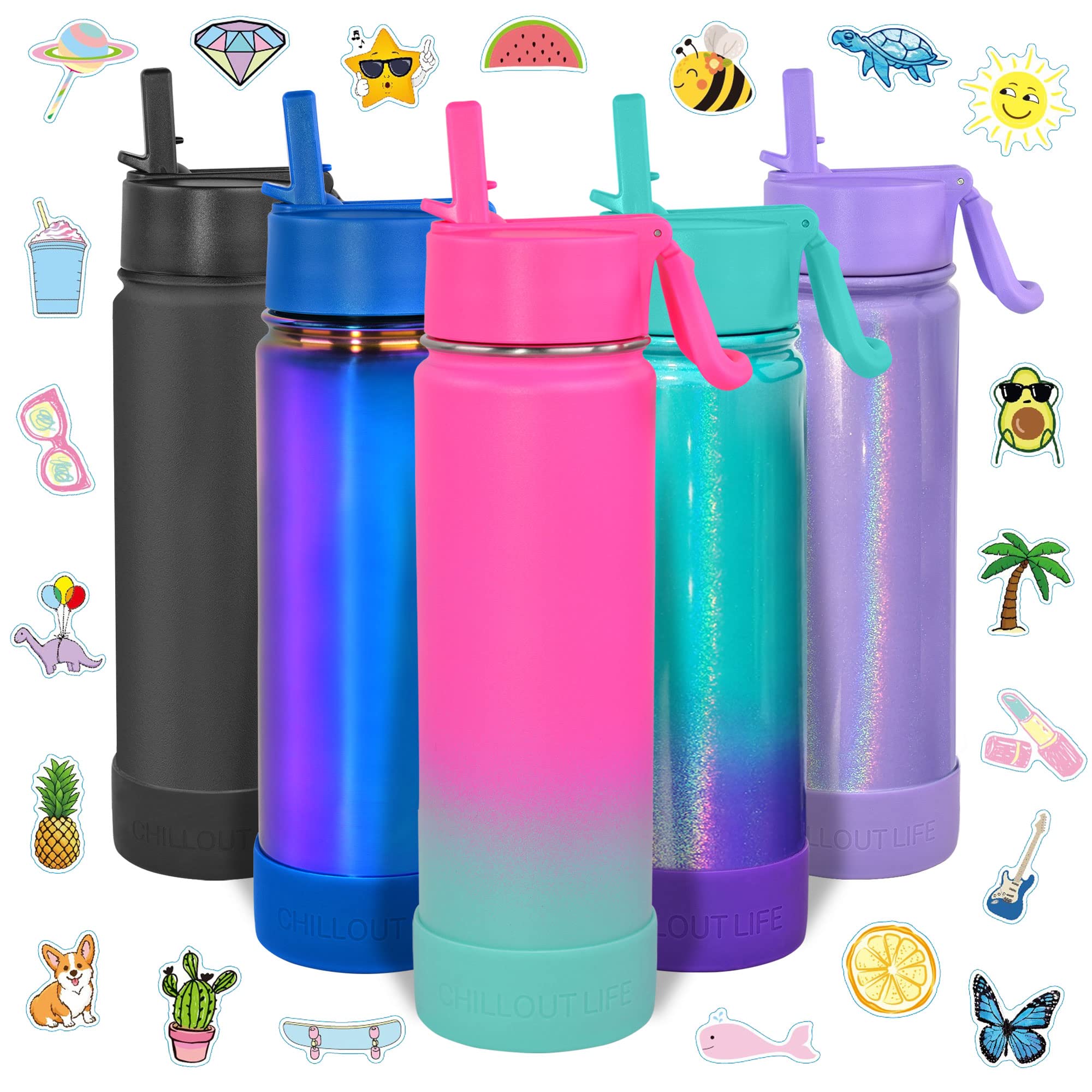 CHILLOUT LIFE 22 oz Kids Insulated Water Bottle for School with Straw Lid Leakproof and Cute Waterproof Stickers, Personalized Stainless Steel Thermos