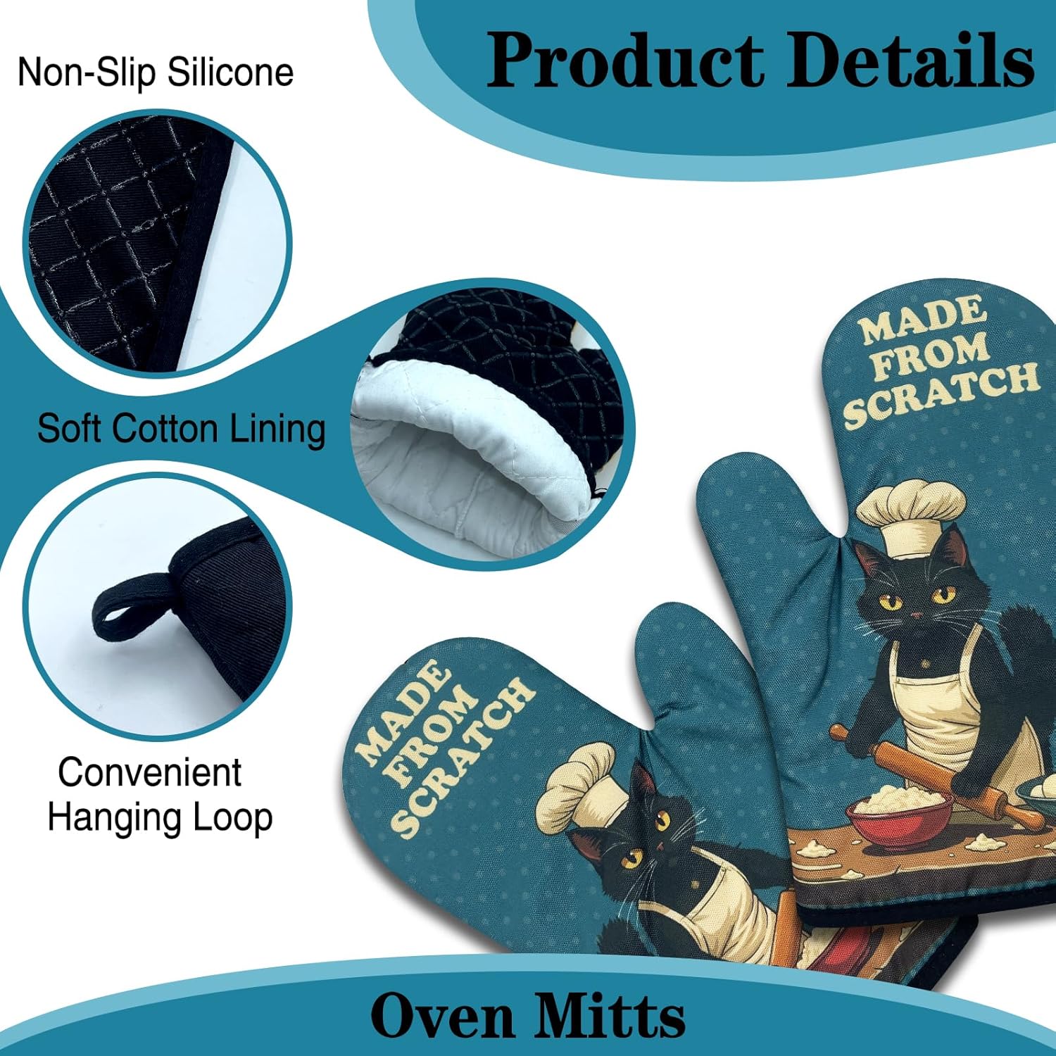 2 Pack Funny Baking Cat Oven Mitts, Made from Scratch, Heat Resistant Silicone Non-Slip Mitts, Kitchen Baking Gifts for Bakers, Sweet Housewarming Gifts for Women Hostess Friend Cat Lovers - Image 3