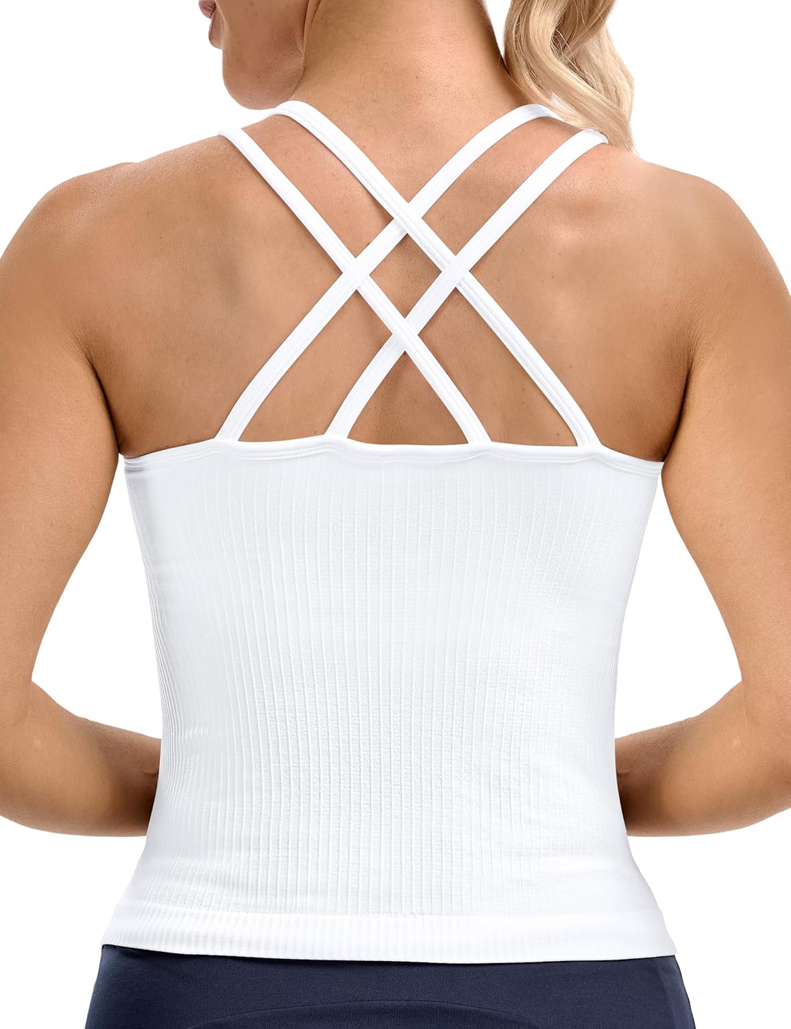 Seamless Ribbed Workout Tank for Women with Built in Bra, V Neck Spaghetti Strap Crisscross Back Yoga Top, Gym, Daily Wear