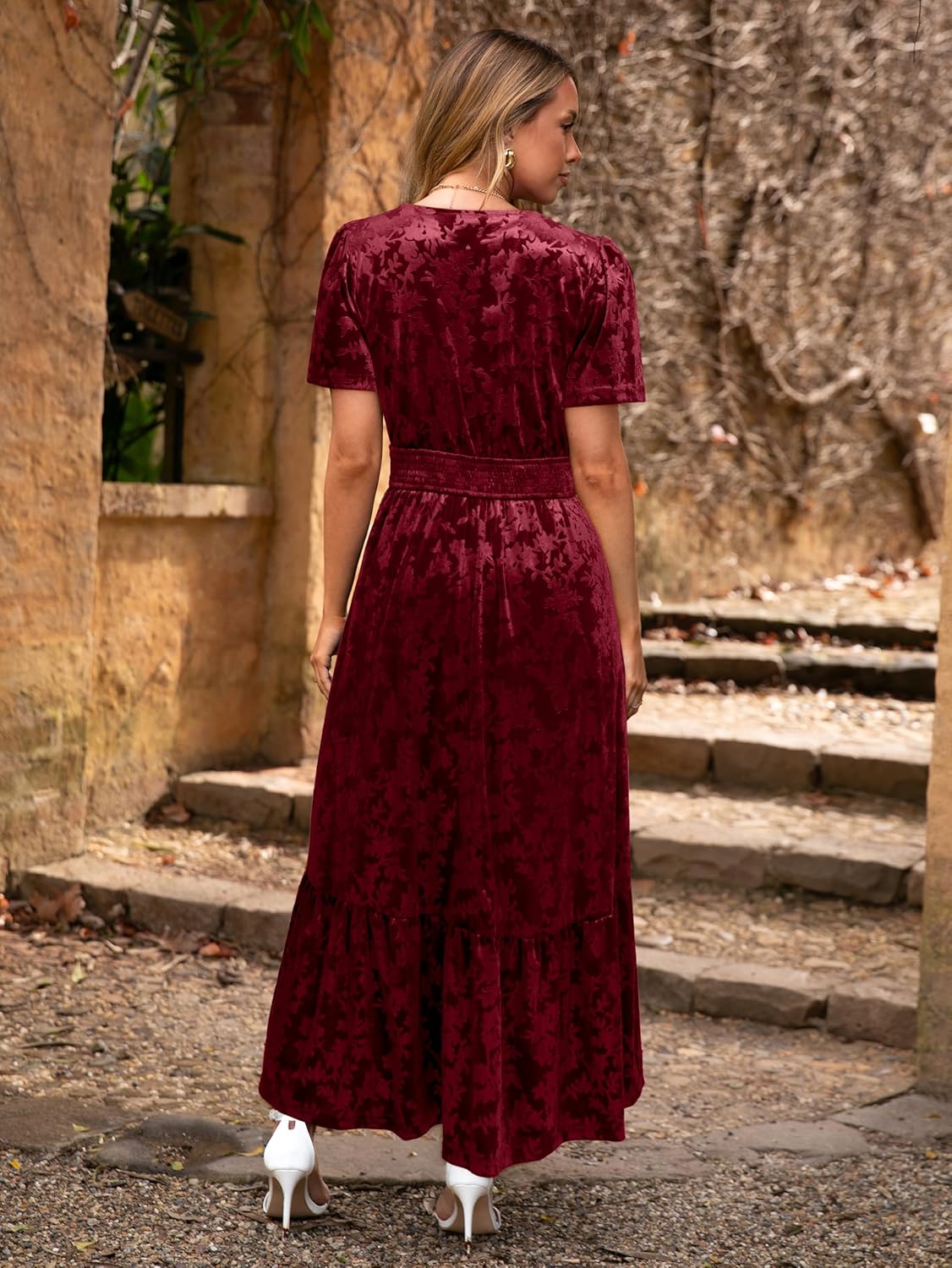 Simplee Womens Fall Velvet Dress Short Sleeve V Neck Floral Maxi Dress Long Formal Winter Wedding Guest Dresses - Image 4