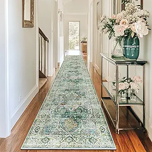 Madane Hallway Runner Rug 2x12, Extra Long Washable Runner Rugs with Rubber Backing, Non Slip Carpet Runner for Hallway, Vintage Rug Runners for Kitchen Laundry Room Entryway (Green, 2'x12')
