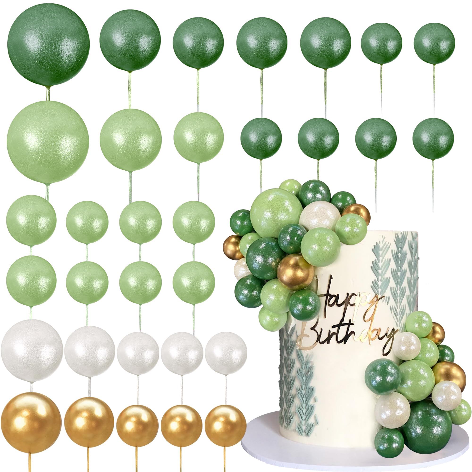 Ball Cake Topper Ball Cake Picks Colorful Pearl Ball Shaped Cupcake Insert Cake Topper for Bear Theme Birthday Party Favors Wedding Decoration (Green White Gold)