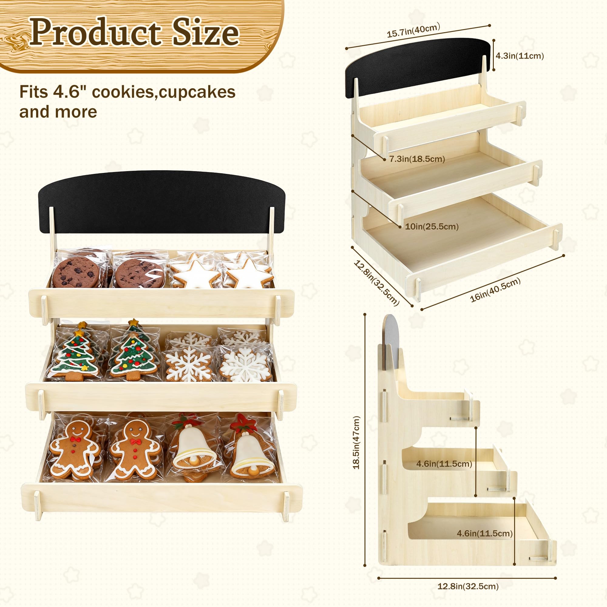 Espositore per biscotti in legno con lavagna per banchetti di mercato, fiere artigianali ed eventi, espositore per biscotti a 3 livelli per panettieri e venditori per mostrare cupcake