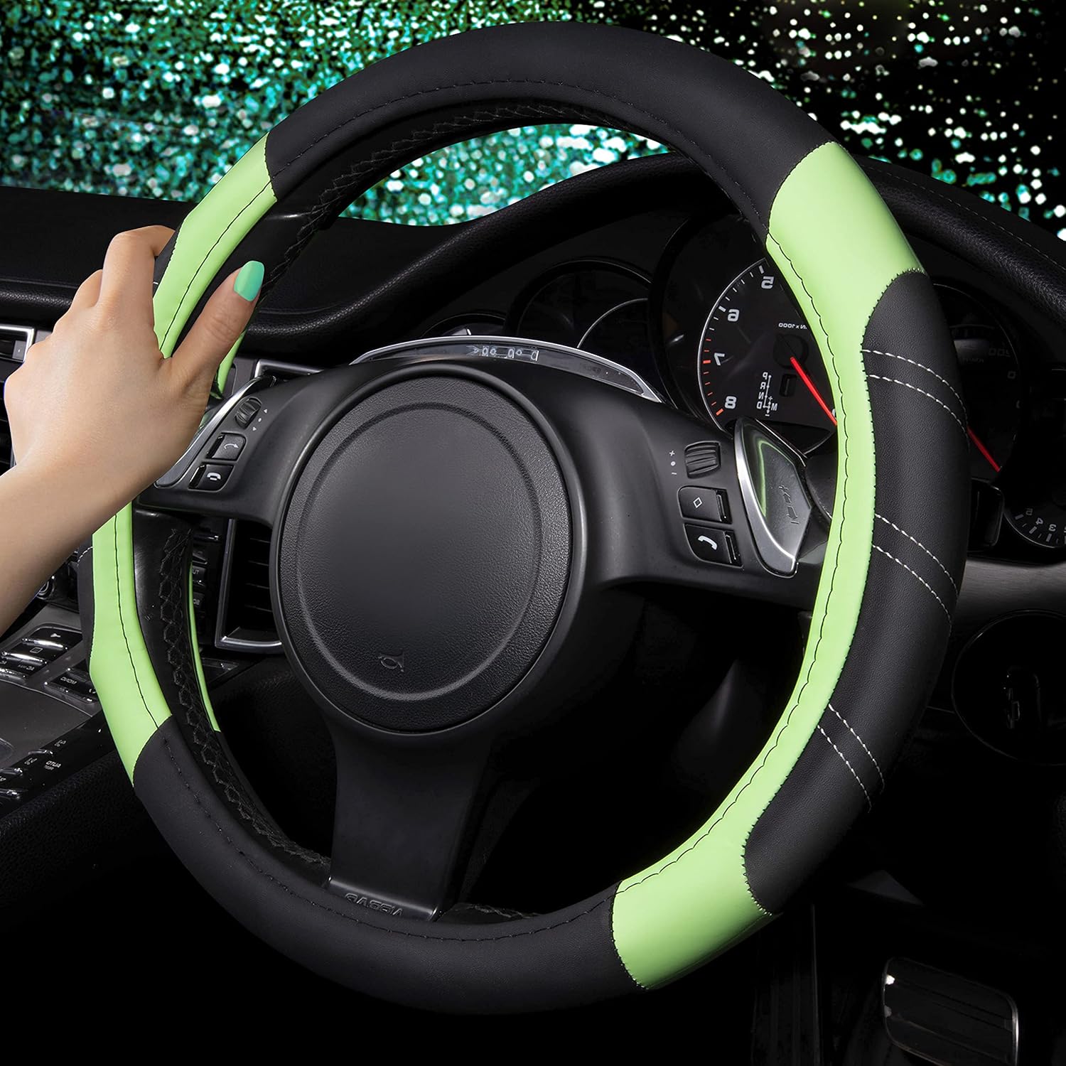  Line Rider Microfiber Leather Sporty Steering Wheel Cover Universal Fits for 95% Truck,SUV,s,14.5-15inch Anti-Slip Safety Comfortable Desgin (Black-Blue) thumbnail