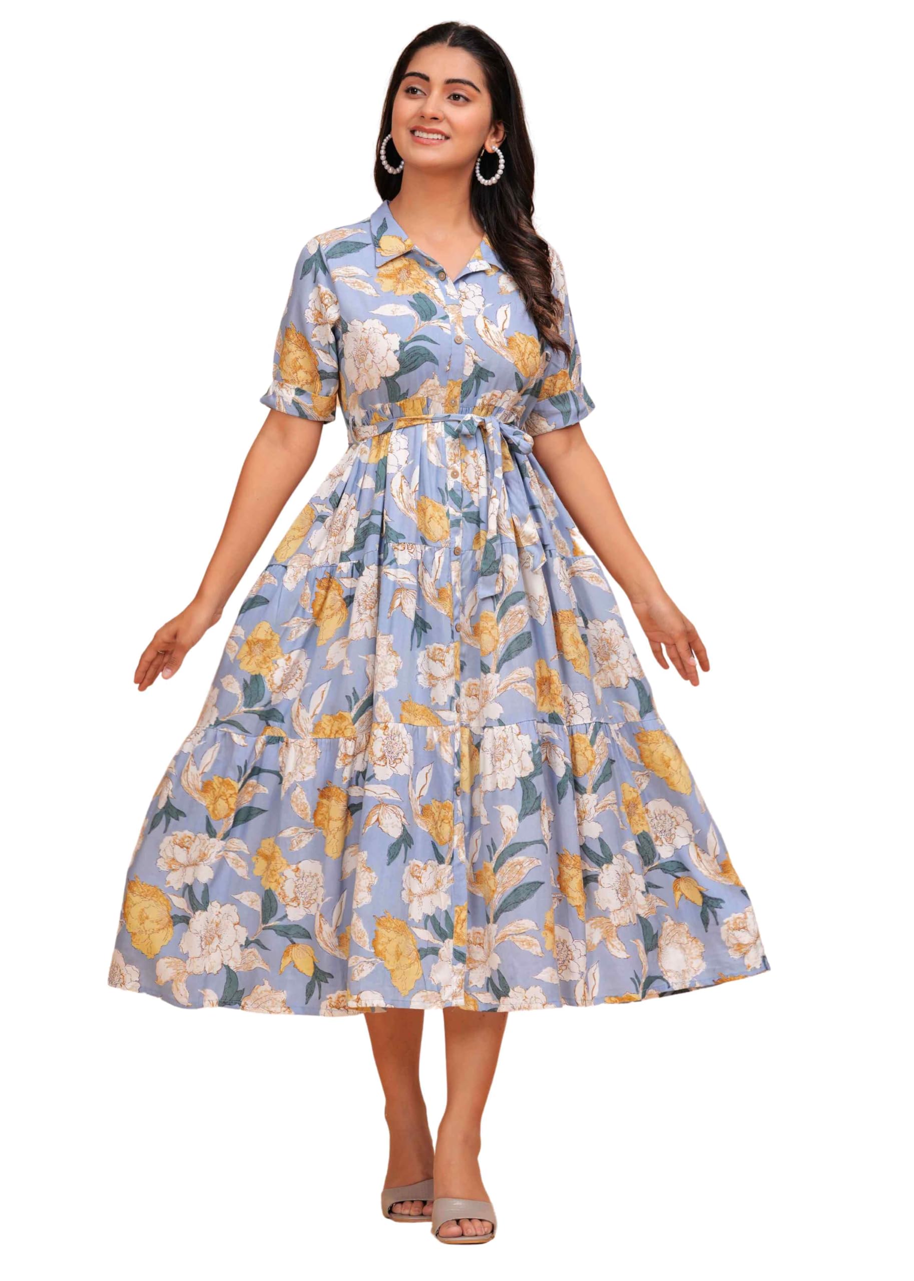 Jikonet Women's Western Dress Floral Printed Cotton Maxi Dress, (Xx-Large, Light Blue)