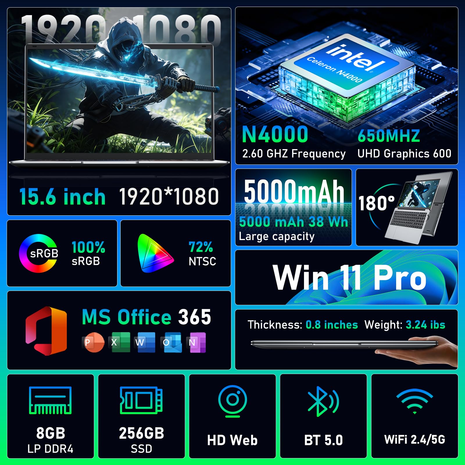 15.6 inch Win11 Pro Laptop with 8GB RAM, 256GB SSD, MS Office 365, 100% sRGB Display, N4000 Processor, Dual Band Wi-Fi, Bluetooth 4.2, USB-A, HDMI, 1920x1080 FHD Display (N4000 8+256) - 2