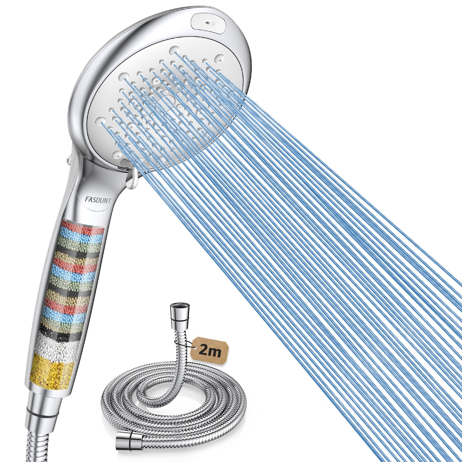 FASDUNT Duschkopf mit Filter Gegen Kalk, 8 Strahlarten Hochdruck Duschkopf mit Schlauch 2M, 20 Schichten Filtrier Shower Head für Hartes Wasser, Rest-Chlor, Schwermetall