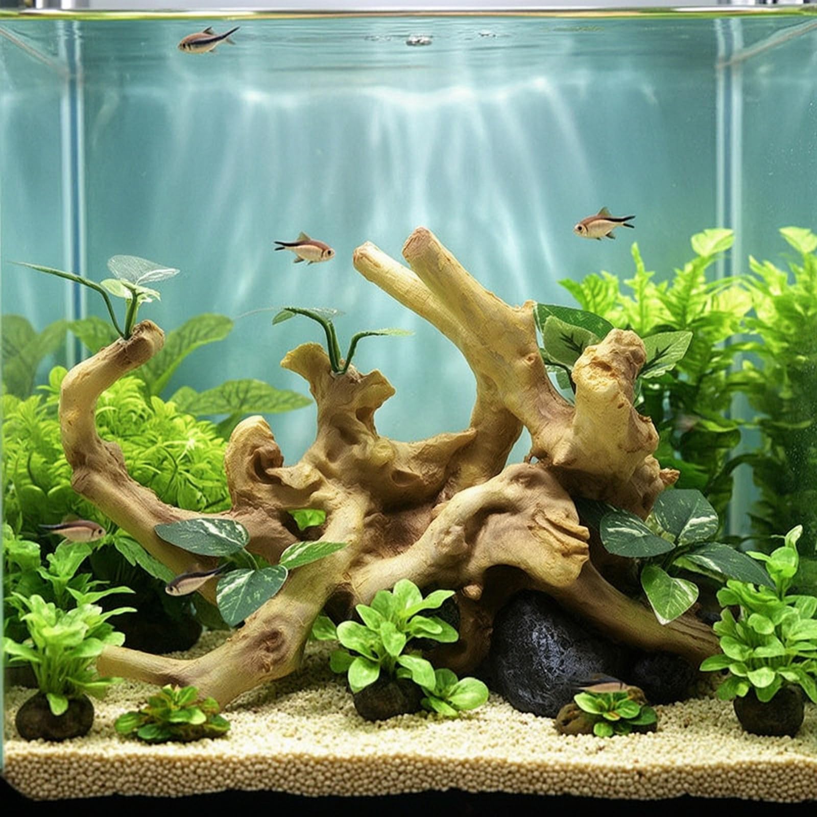 Aquarium- mit Kunstpflanzen naturgetreu Kunstmaterial-Wurzel mit Blättern strukturiert Wurzel für Aquarianer, Süßwasseraquarium