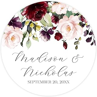 Personalized Floral Wedding Stickers with Your Choice of 30 Flower Styles - Choose Font and One of Five Pre-made Phrases or Add Custom Text (017 - Burgundy and Pink Flowers)
