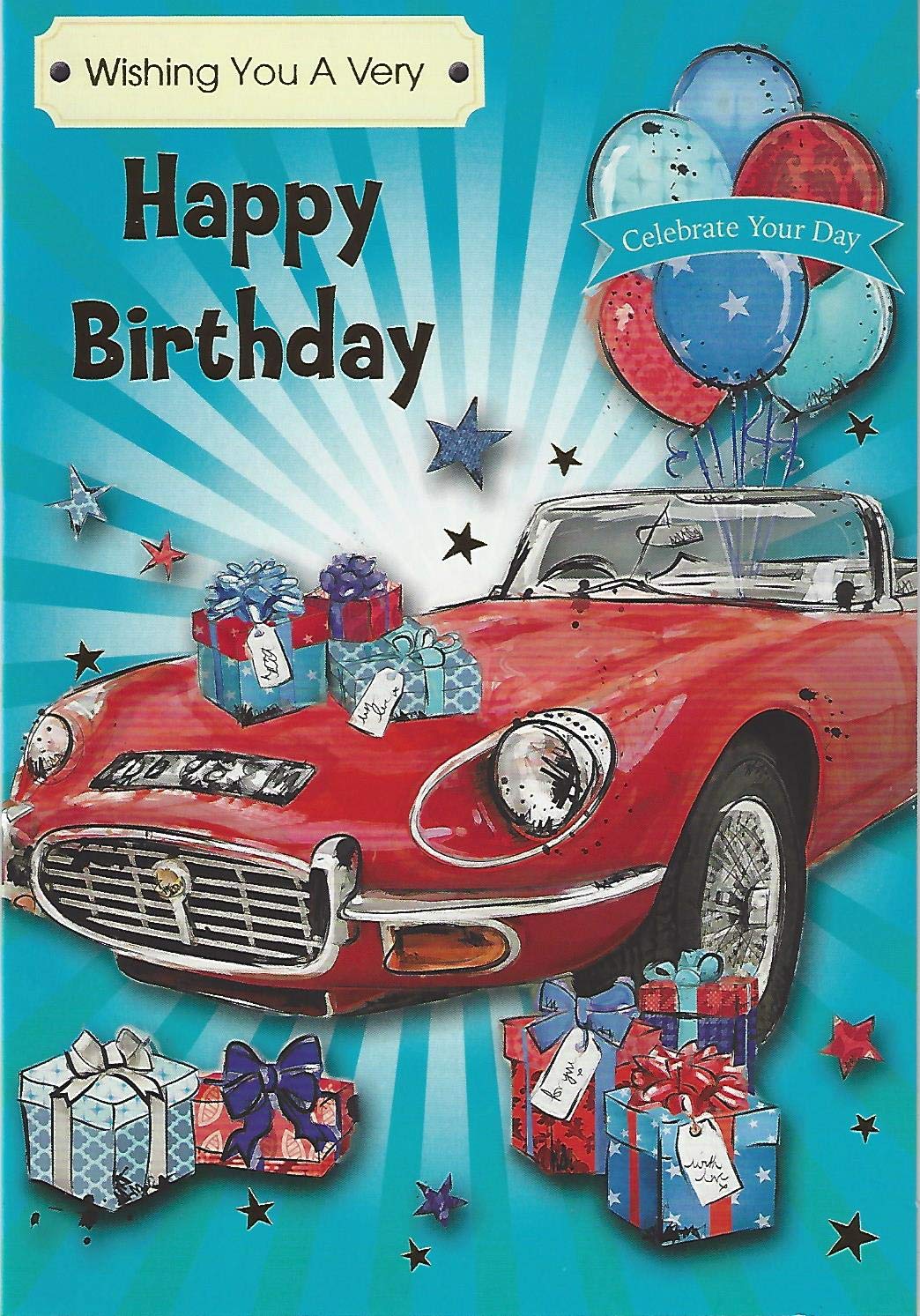 Geburtstagskarte Mit Britischen Oldtimern – Motiv: Aston Martin, Jaguar, Morris, Austin, Innen Blanko