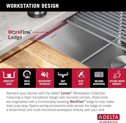 Miniatura 3 de DELTA - Lavaplatos Lorelai de acero inoxidable para estación de trabajo, con tarja individual con borde WorkFlow y kit de 6 accesorios para chef,